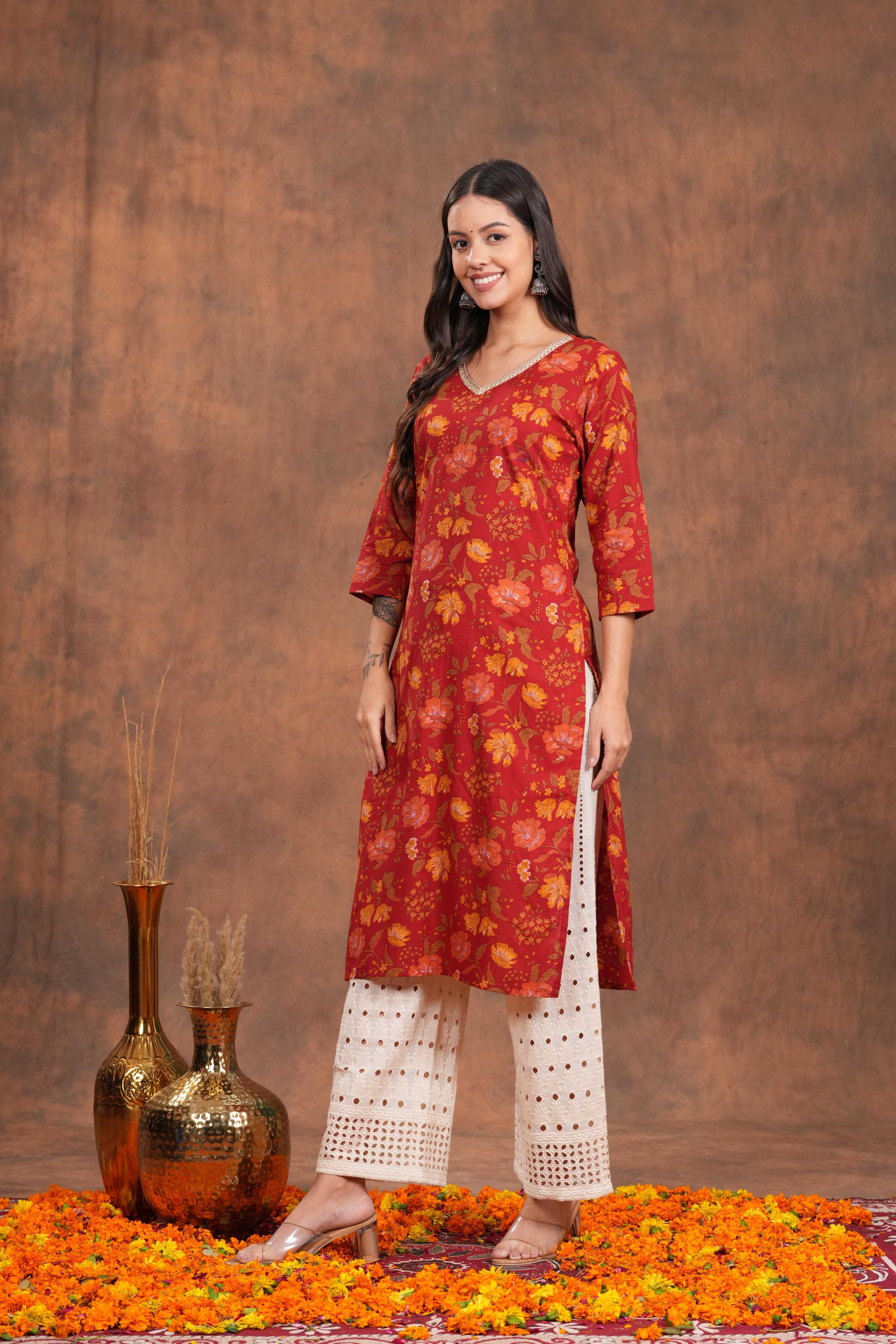 Red Blossom Printed Cotton Long Kurti -Stunning Hot Red For Every Occasion