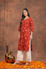 Red Blossom Printed Cotton Long Kurti -Stunning Hot Red For Every Occasion