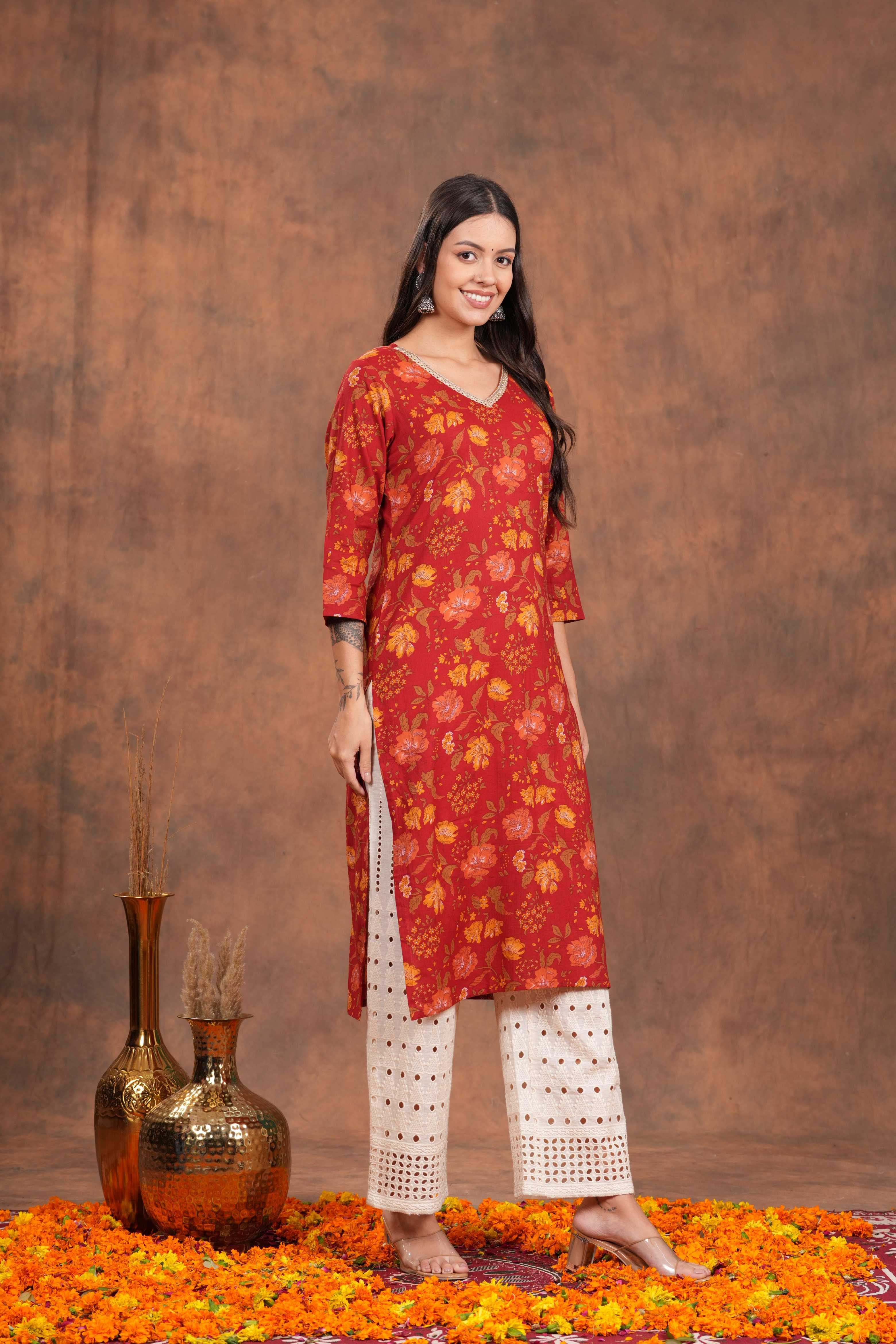 Red Blossom Printed Cotton Long Kurti -Stunning Hot Red For Every Occasion