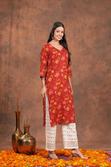 Red Blossom Printed Cotton Long Kurti -Stunning Hot Red For Every Occasion