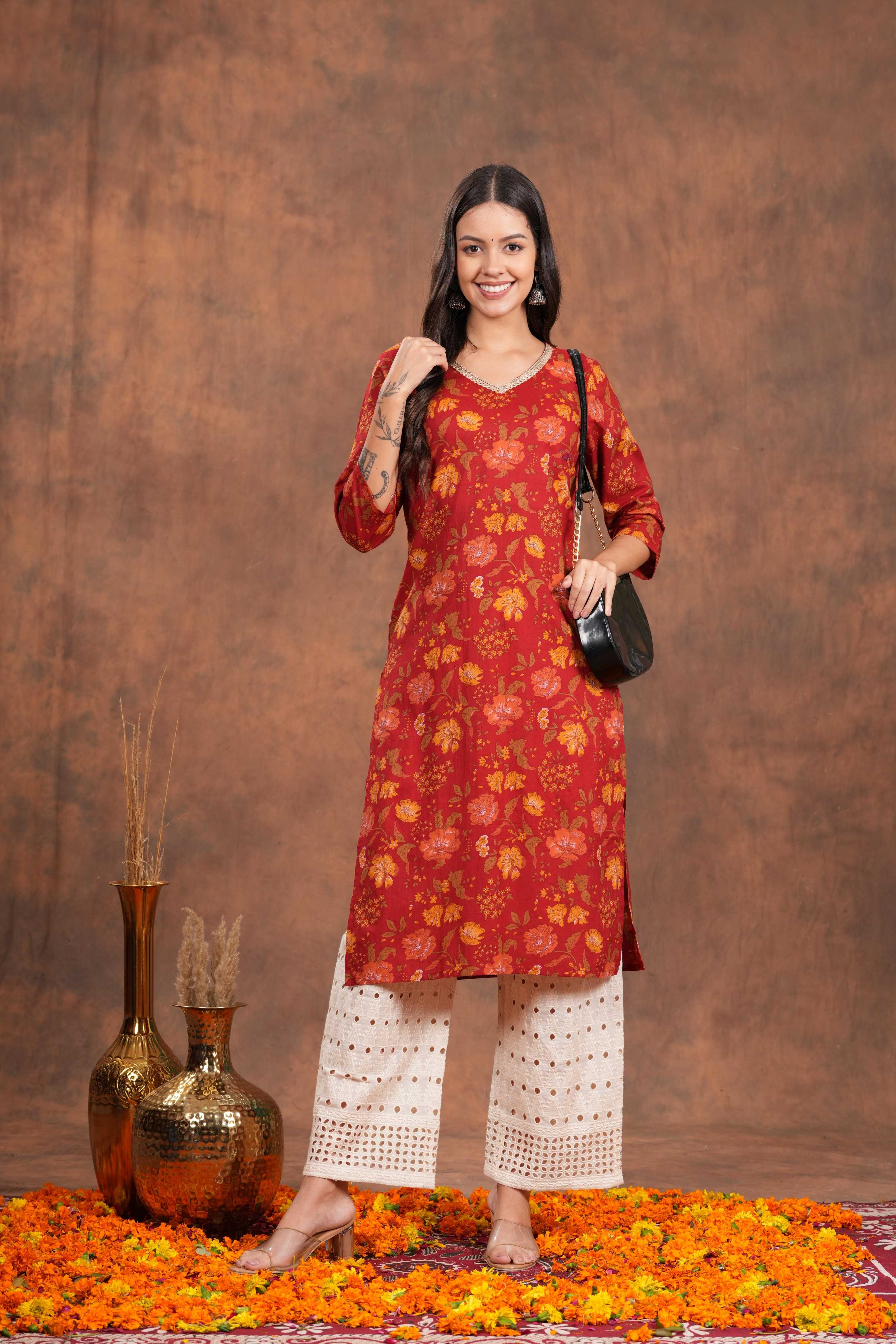 Red Blossom Printed Cotton Long Kurti -Stunning Hot Red For Every Occasion