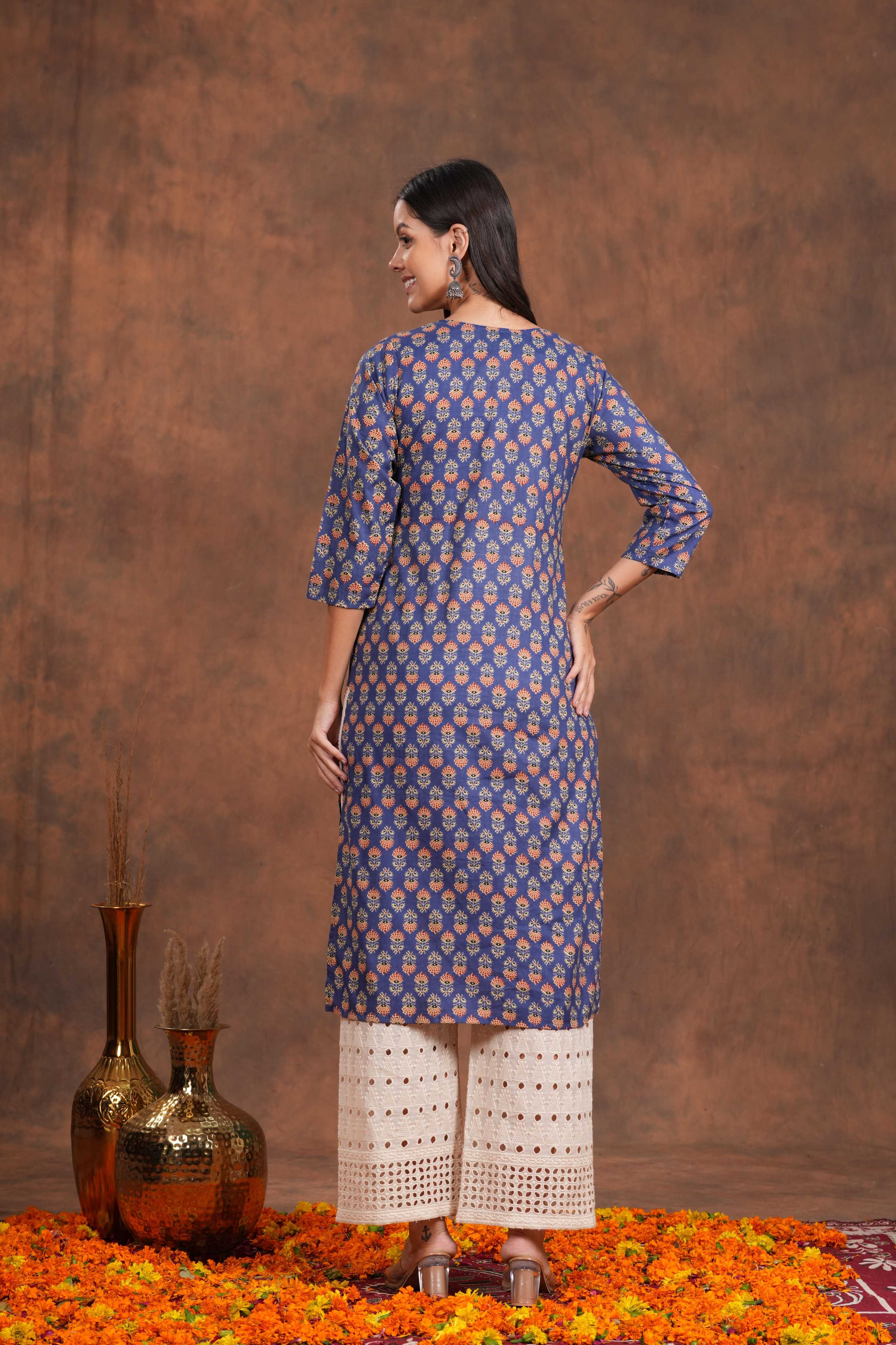 Stunning Blue Block Print Yoke Design Cotton  Kurti -Indigo Impression All Time Beauty