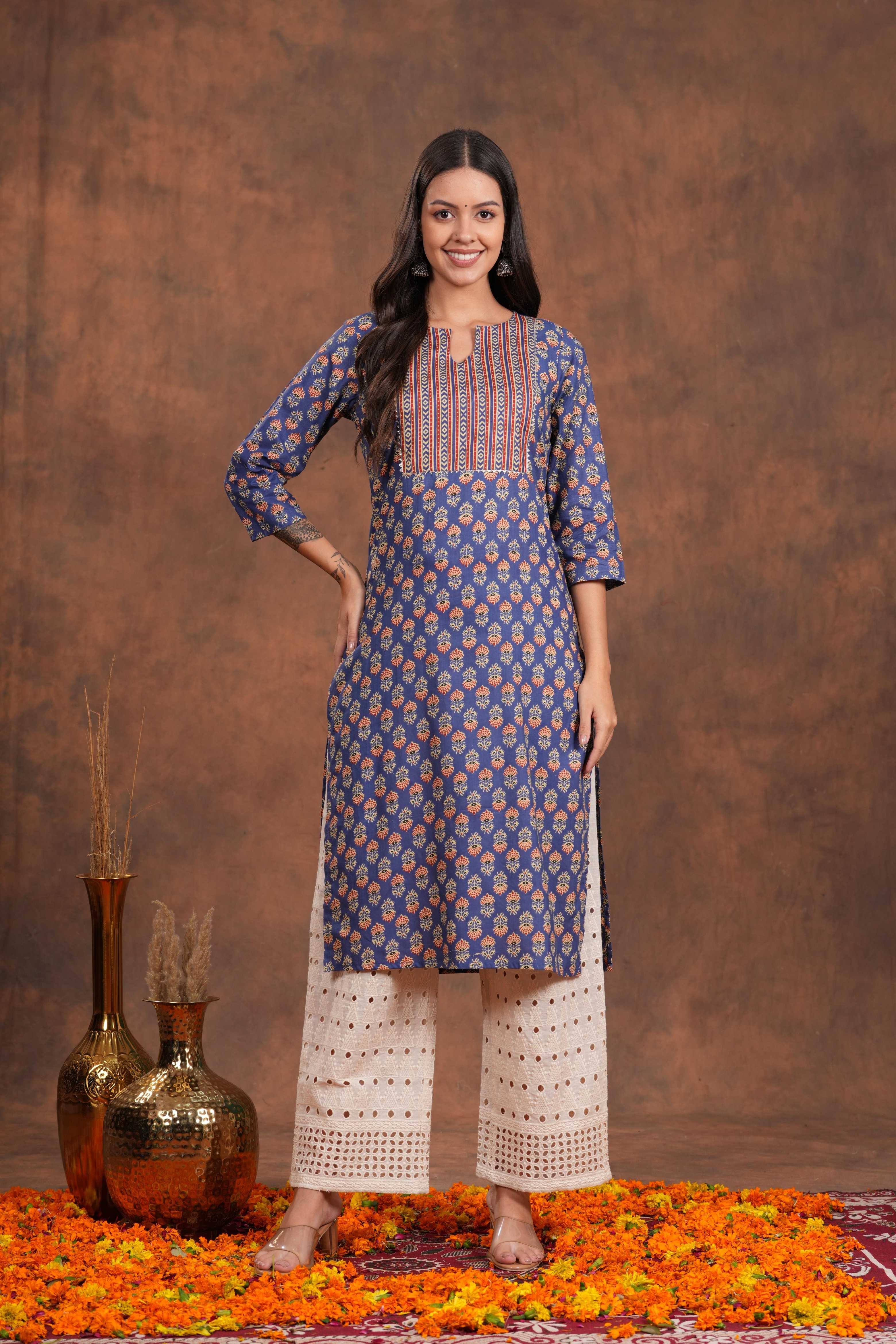 Stunning Blue Block Print Yoke Design Cotton  Kurti -Indigo Impression All Time Beauty