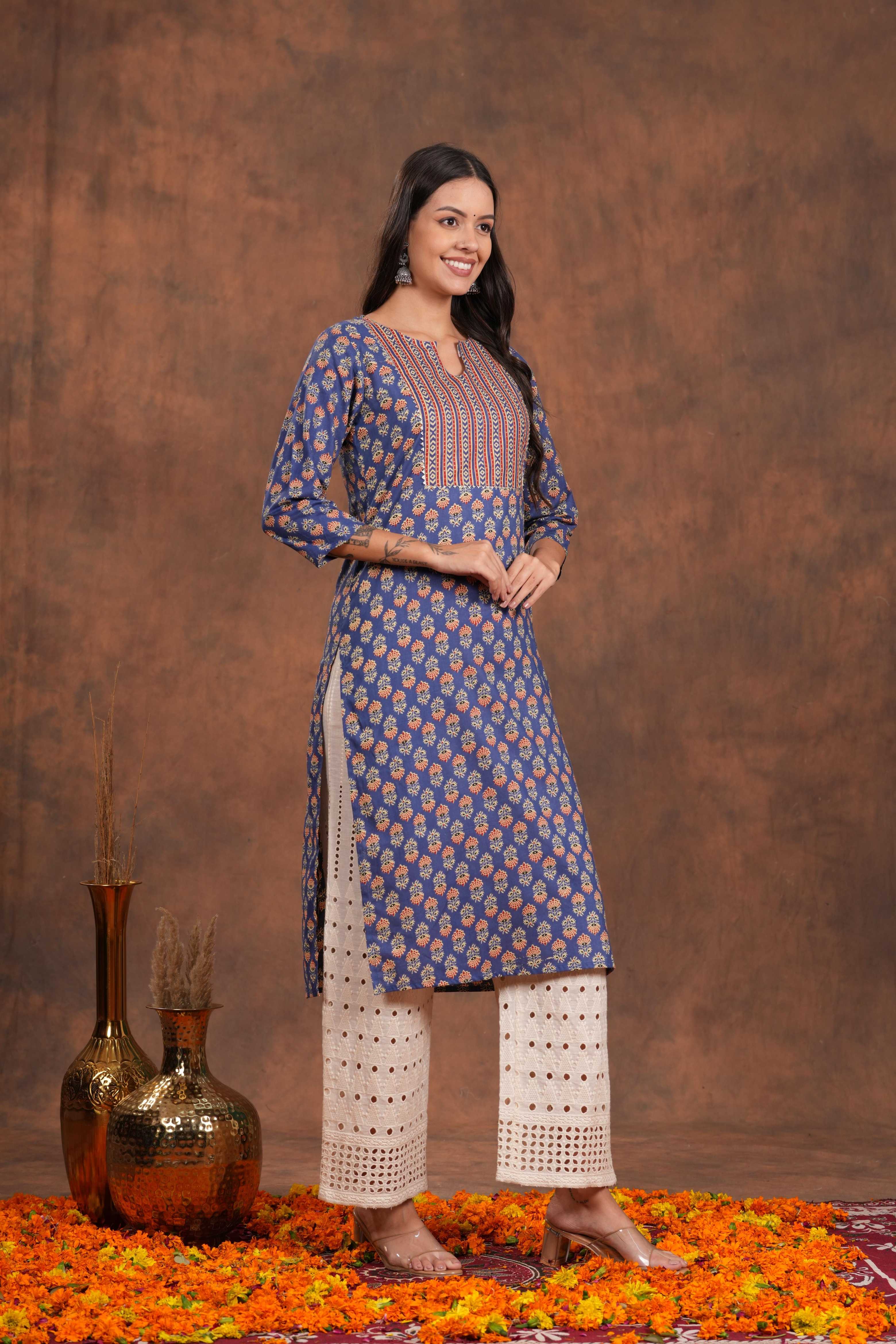 Stunning Blue Block Print Yoke Design Cotton  Kurti -Indigo Impression All Time Beauty