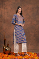 Stunning Blue Block Print Yoke Design Cotton  Kurti -Indigo Impression All Time Beauty