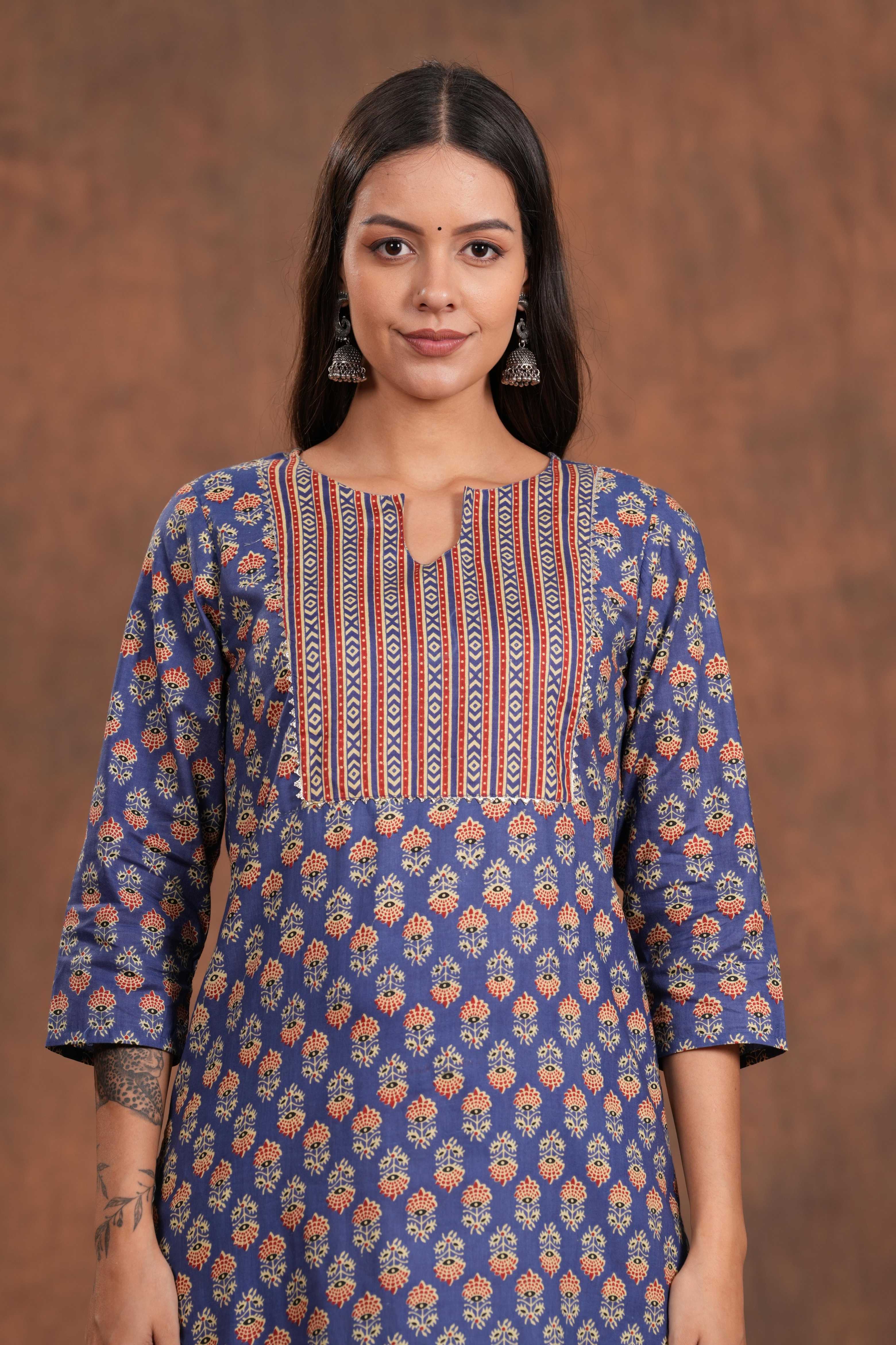 Stunning Blue Block Print Yoke Design Cotton  Kurti -Indigo Impression All Time Beauty