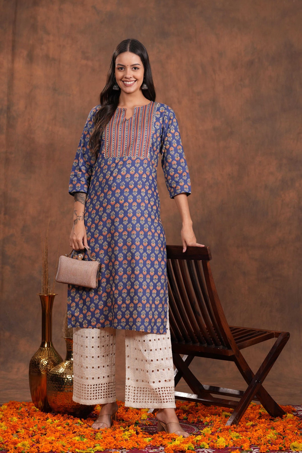 Stunning Blue Block Print Yoke Design Cotton  Kurti -Indigo Impression All Time Beauty