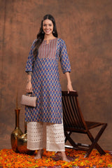 Stunning Blue Block Print Yoke Design Cotton  Kurti -Indigo Impression All Time Beauty