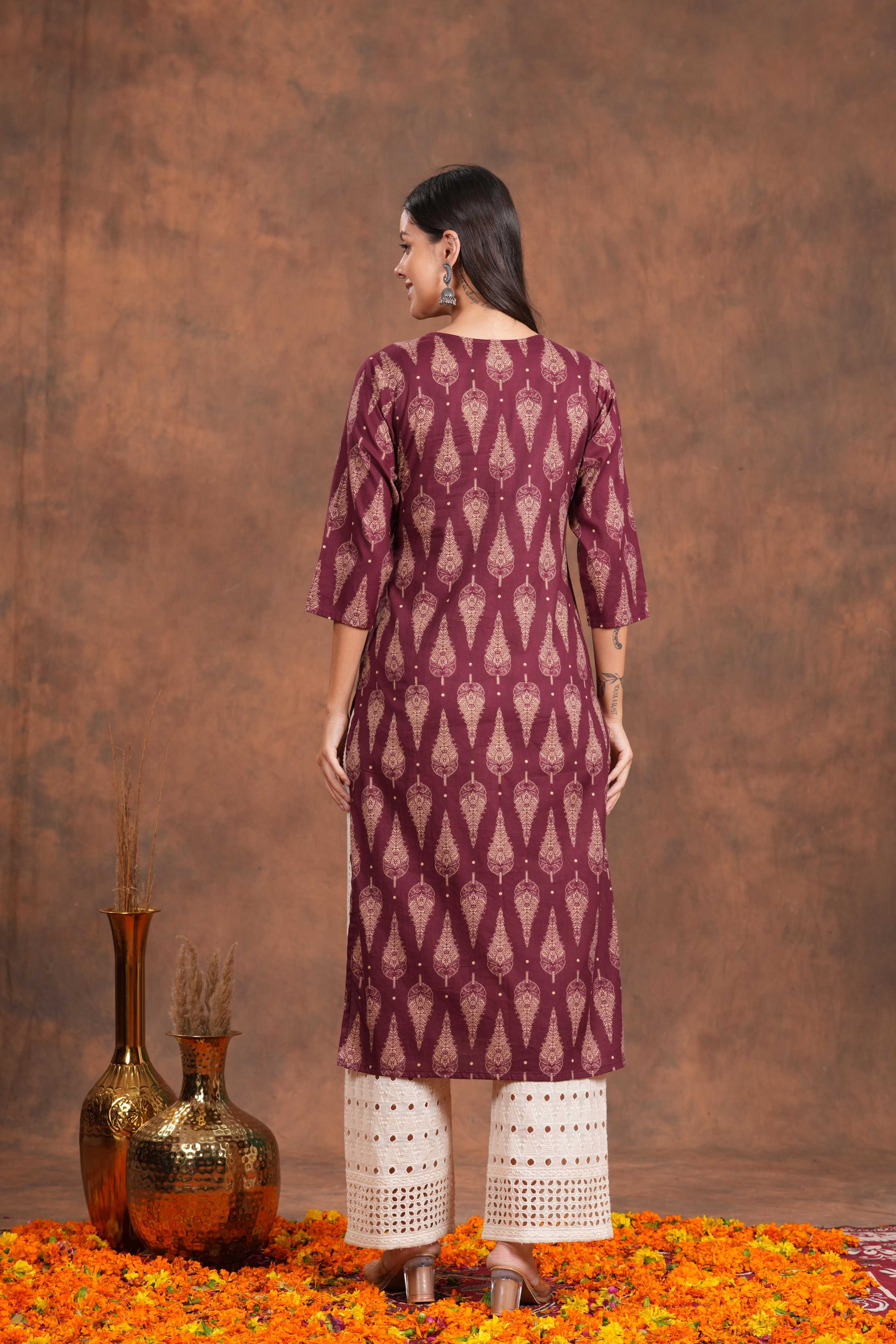 Straight Maroon Block Print Cotton Long Kurti