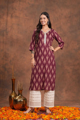 Straight Maroon Block Print Cotton Long Kurti