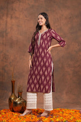 Straight Maroon Block Print Cotton Long Kurti