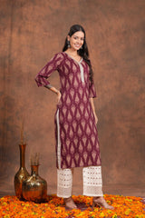 Straight Maroon Block Print Cotton Long Kurti