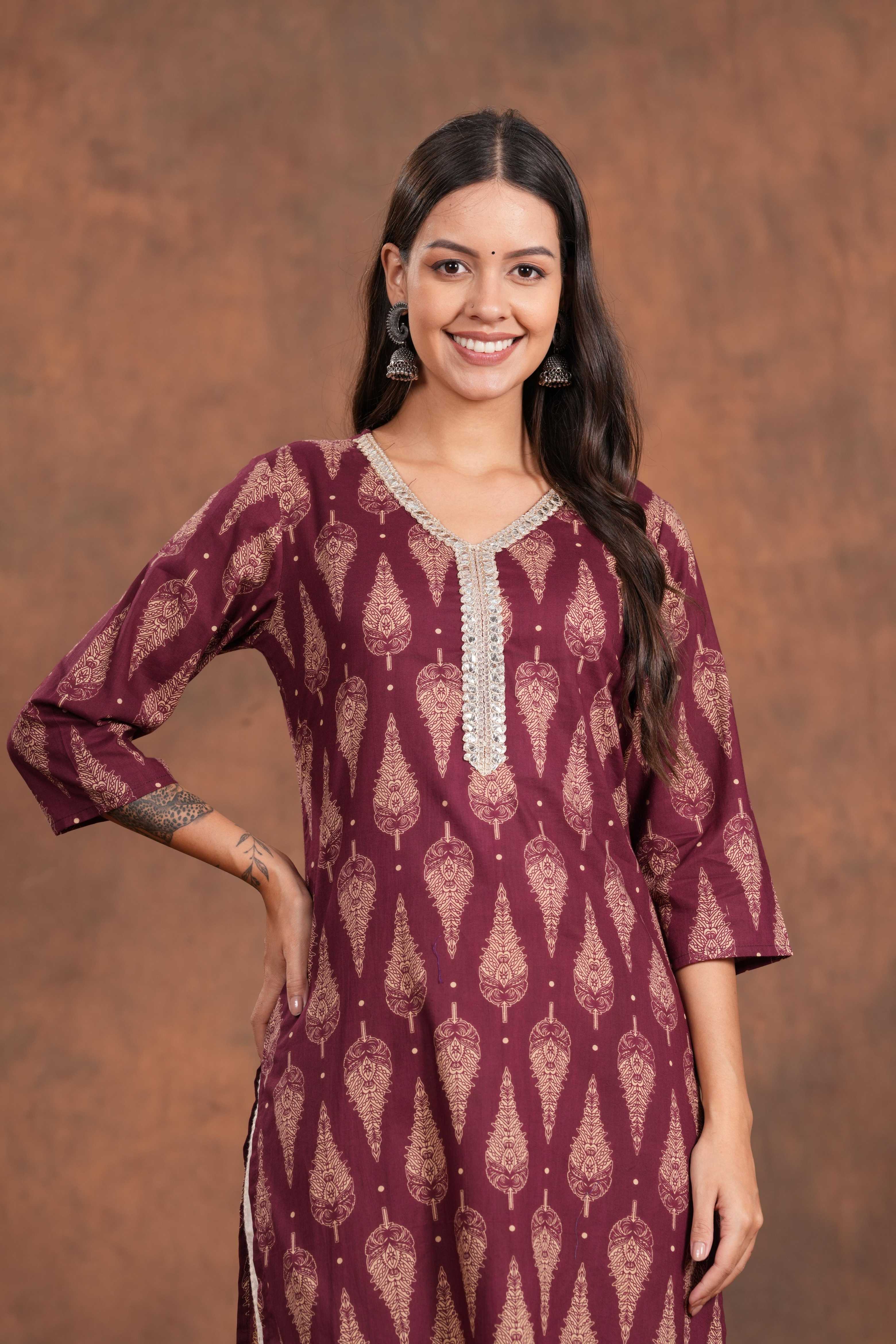 Straight Maroon Block Print Cotton Long Kurti