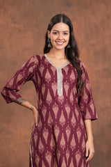 Straight Maroon Block Print Cotton Long Kurti