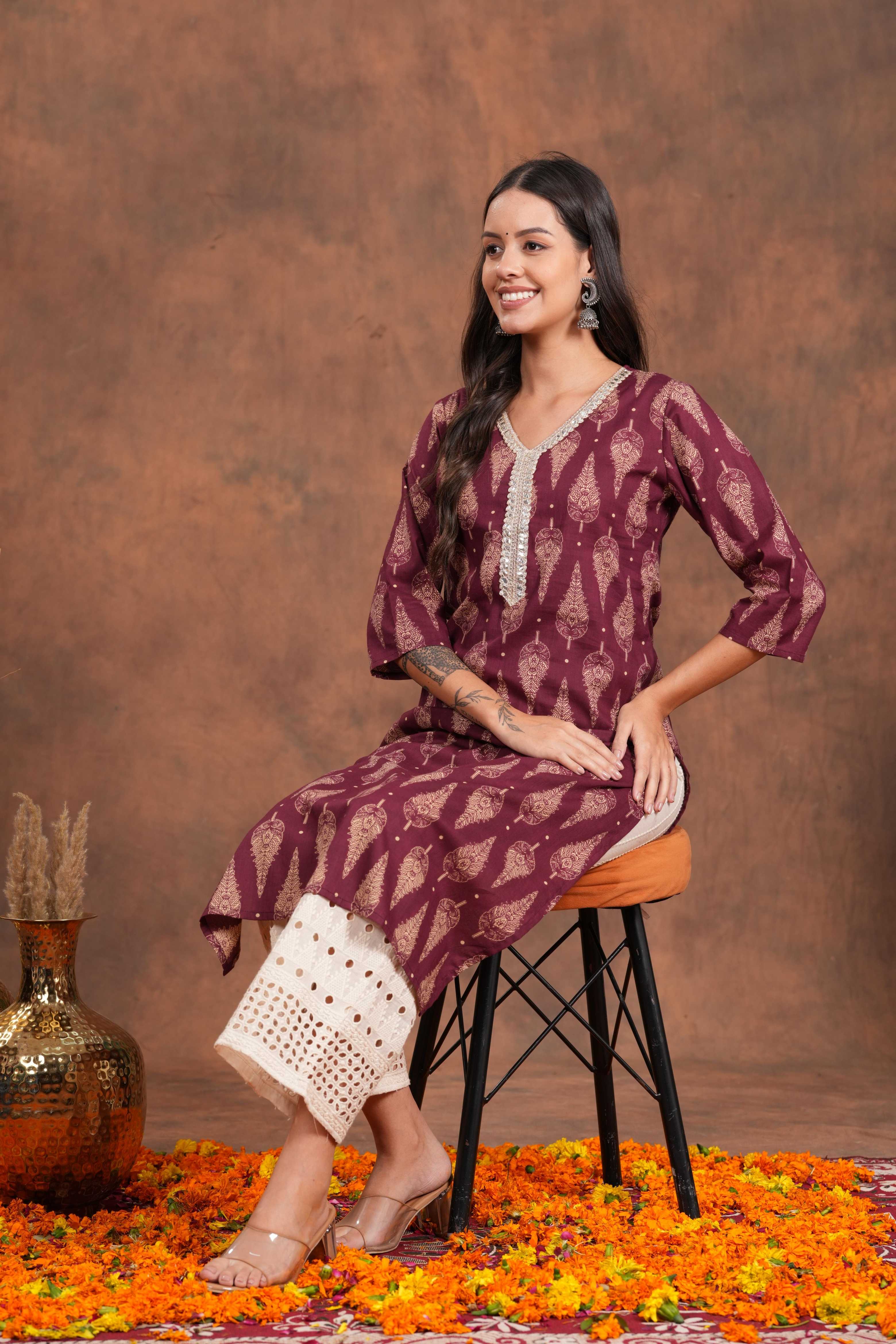 Straight Maroon Block Print Cotton Long Kurti