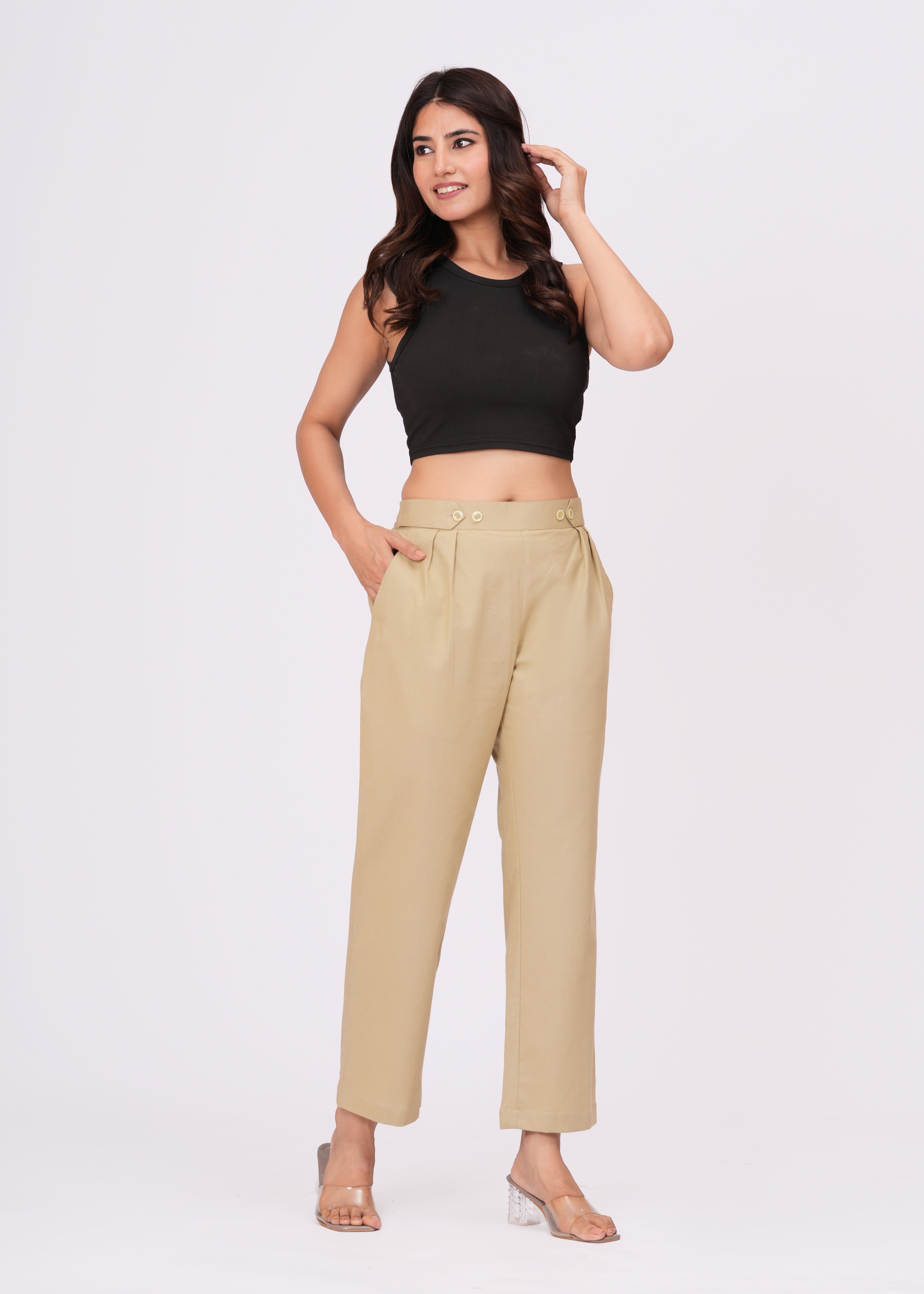 Women’s Regular Fit Beige Cotton Trousers – Soft, Smart & Stylish