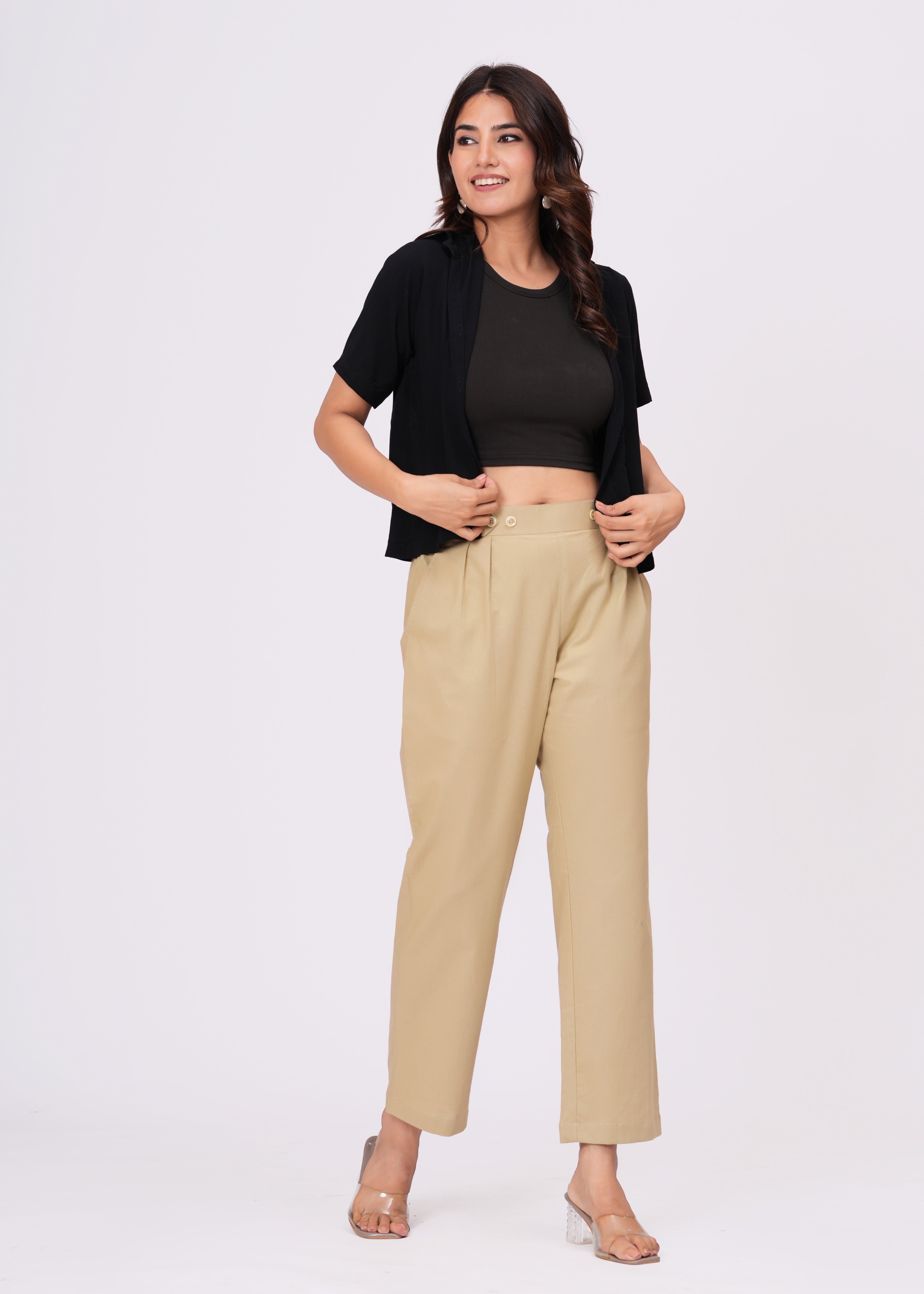 Women’s Regular Fit Beige Cotton Trousers – Soft, Smart & Stylish