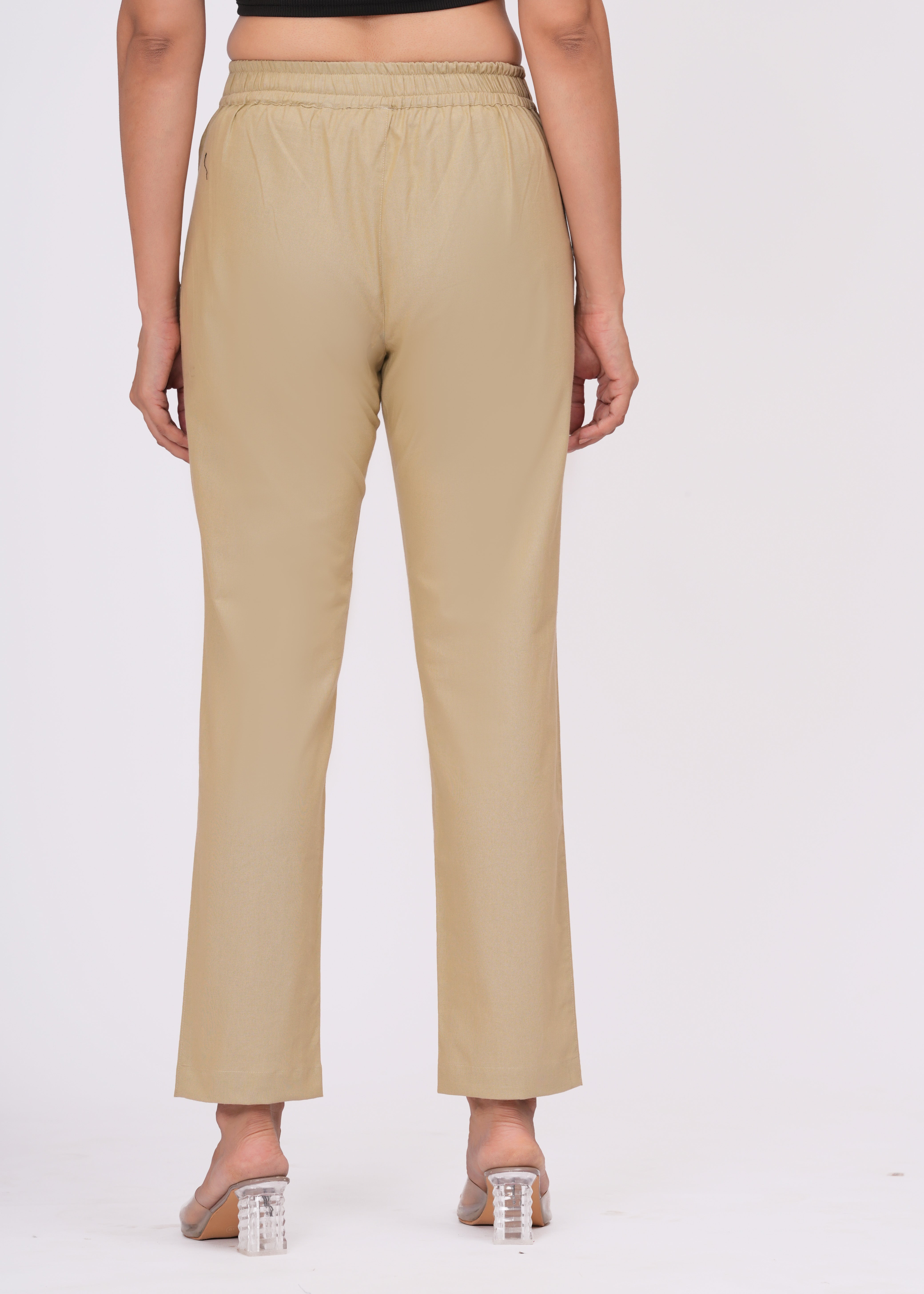 Beige Cotton Slim Fit Pants for Women – Chic, Light & Comfortable