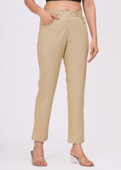 Beige Cotton Slim Fit Pants for Women – Chic, Light & Comfortable