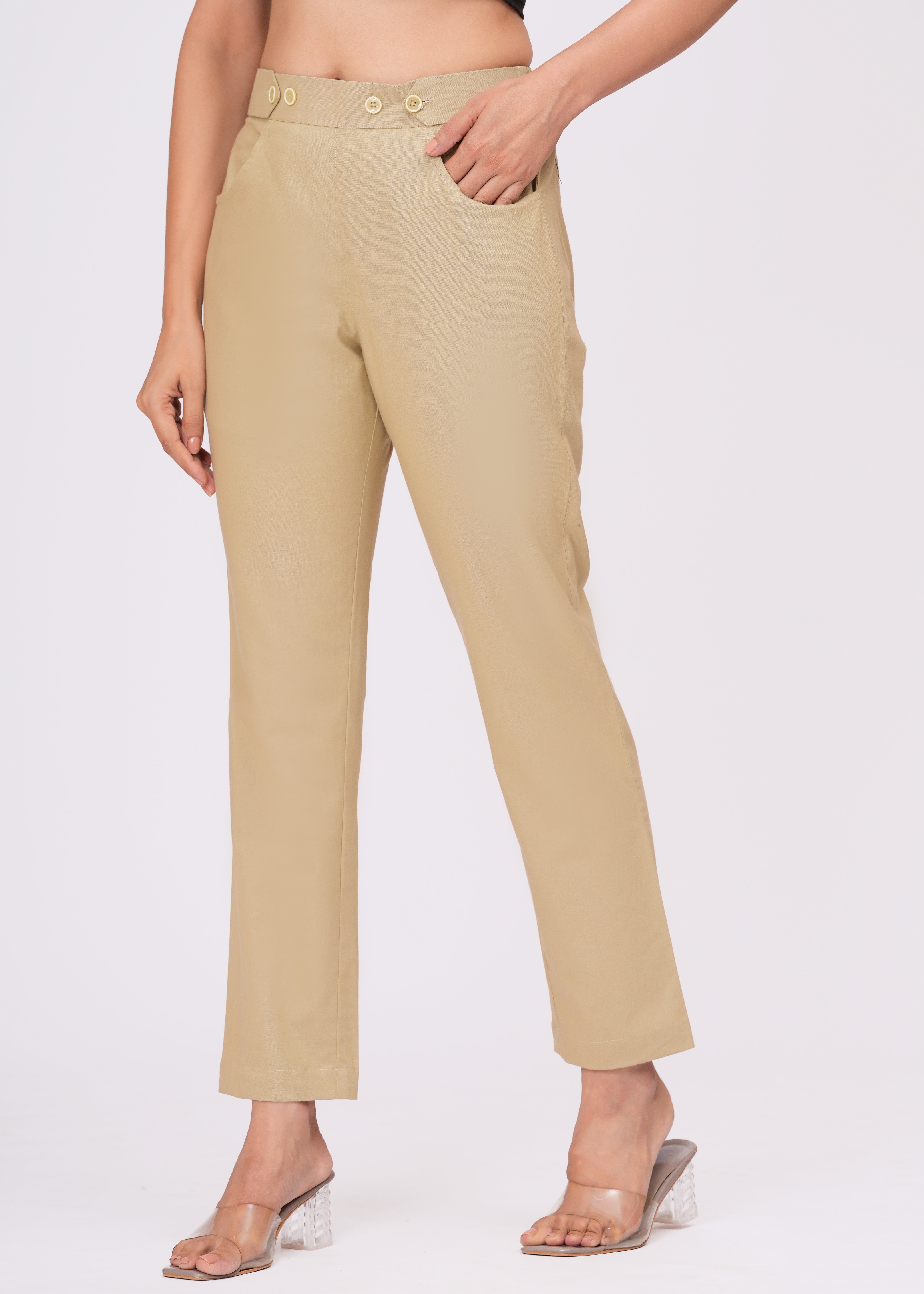 Beige Cotton Slim Fit Pants for Women – Chic, Light & Comfortable