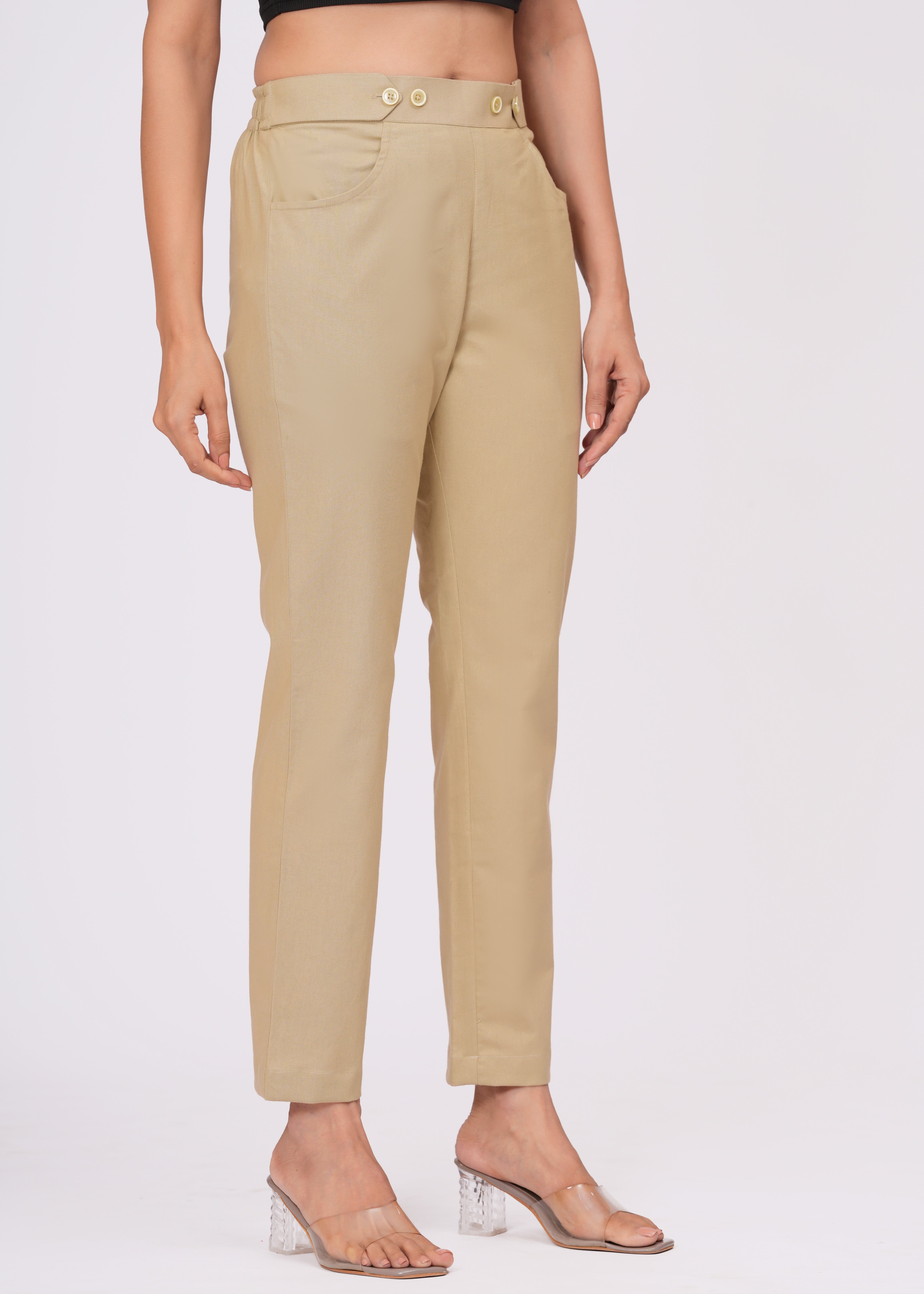 Beige Cotton Slim Fit Pants for Women – Chic, Light & Comfortable