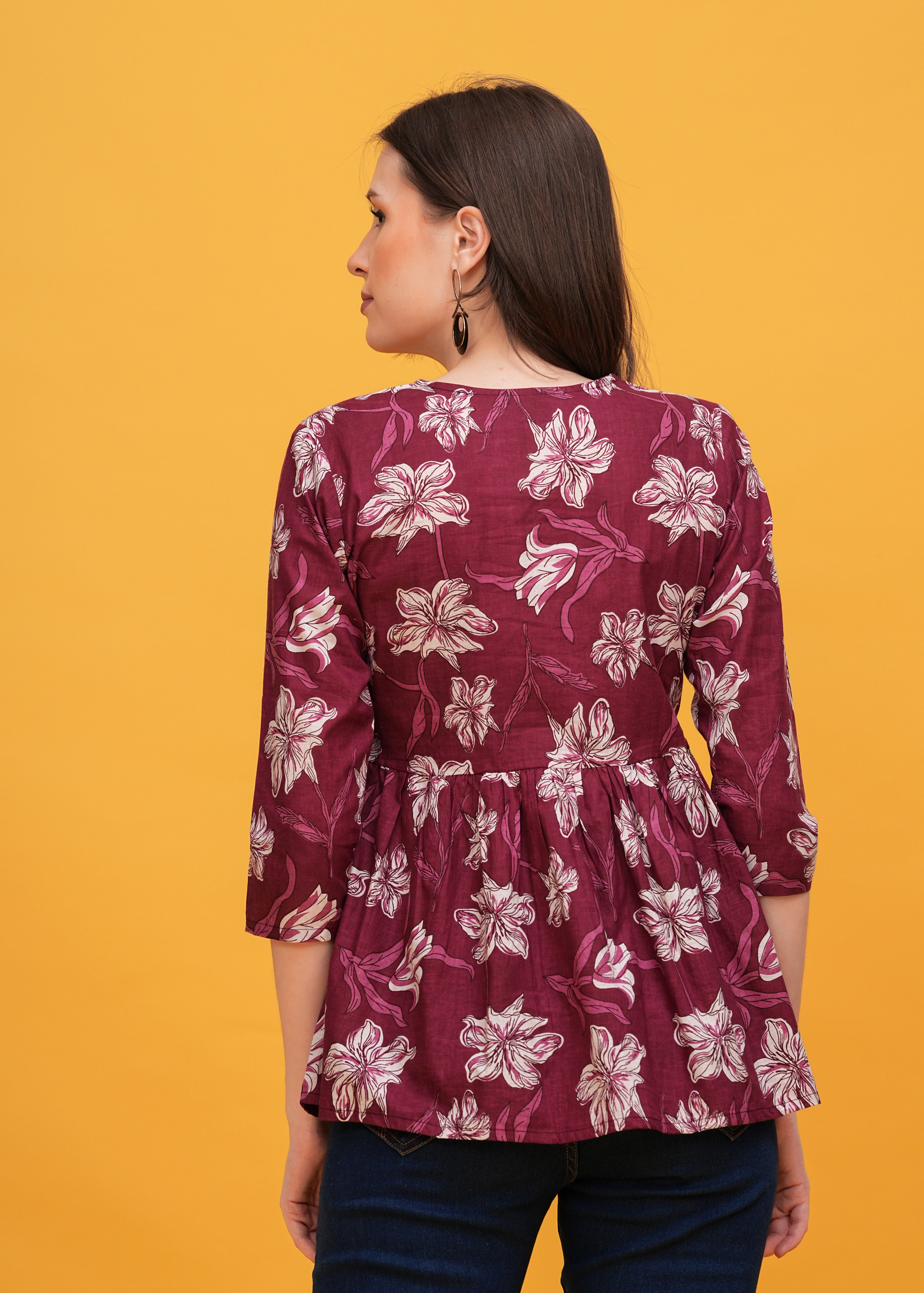 Elegant Wine Color Flower Printed Pure Cotton Angrakha Top - A Touch of Sophistication and Floral Charm