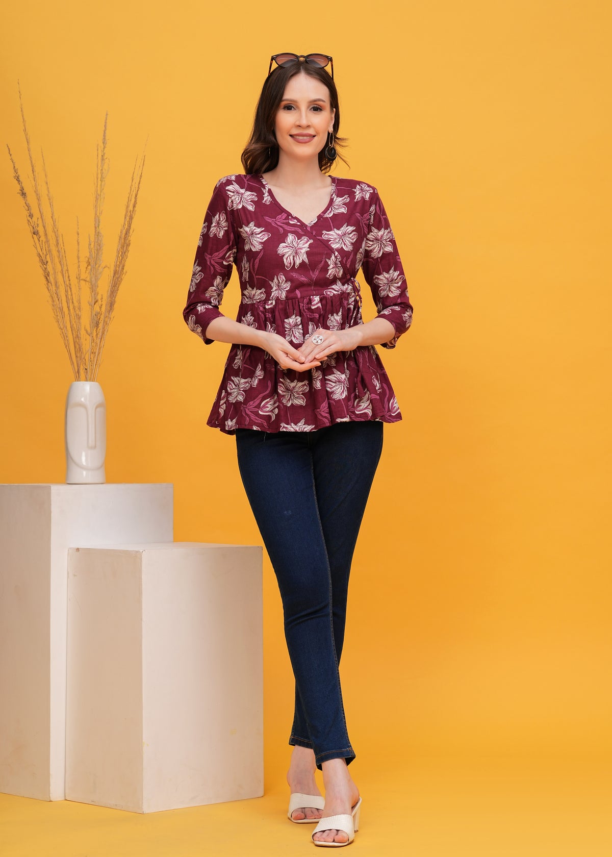Elegant Wine Color Flower Printed Pure Cotton Angrakha Top - A Touch of Sophistication and Floral Charm