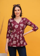 Elegant Wine Color Flower Printed Pure Cotton Angrakha Top - A Touch of Sophistication and Floral Charm