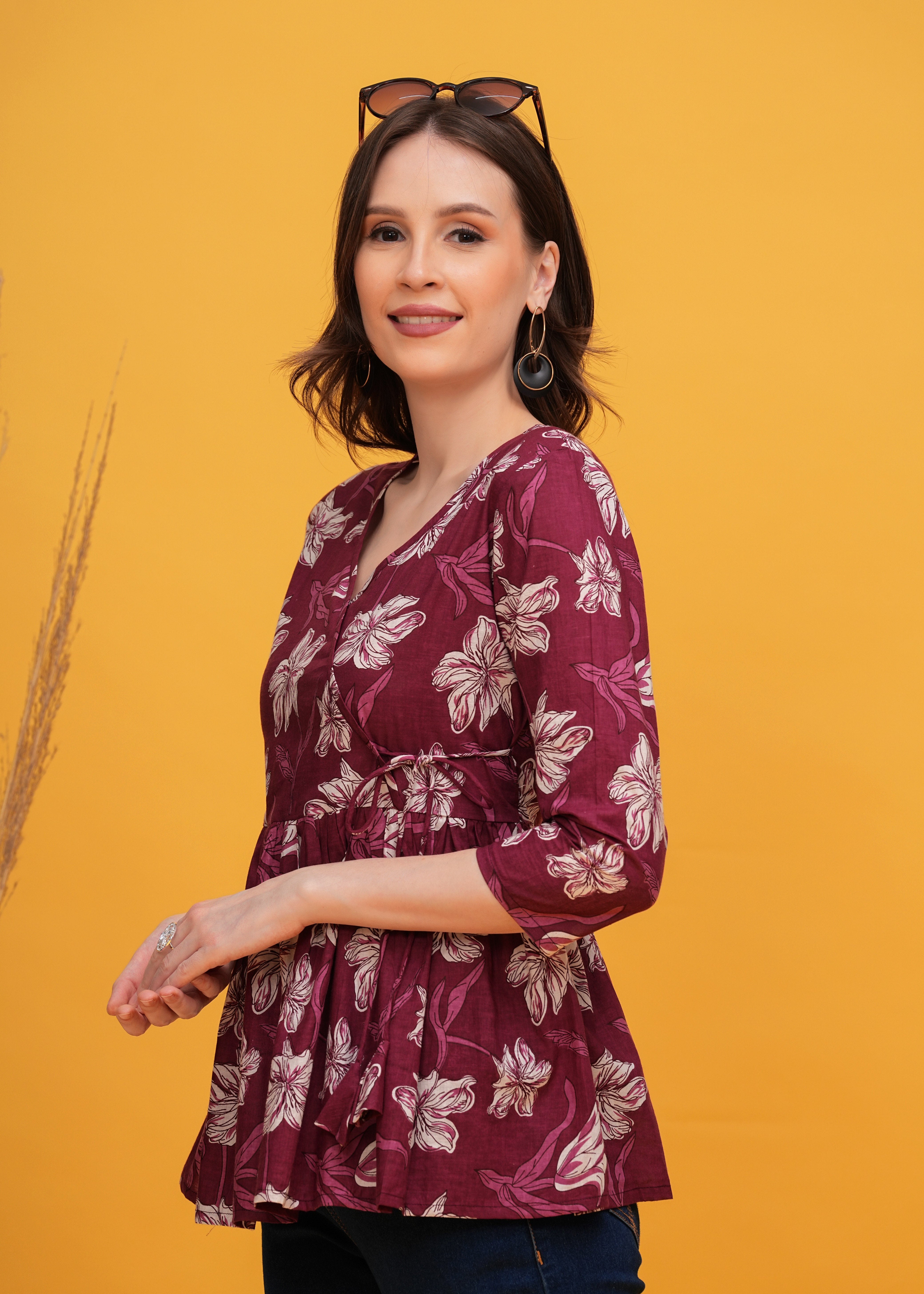 Elegant Wine Color Flower Printed Pure Cotton Angrakha Top - A Touch of Sophistication and Floral Charm