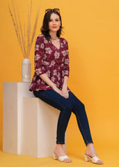 Elegant Wine Color Flower Printed Pure Cotton Angrakha Top - A Touch of Sophistication and Floral Charm