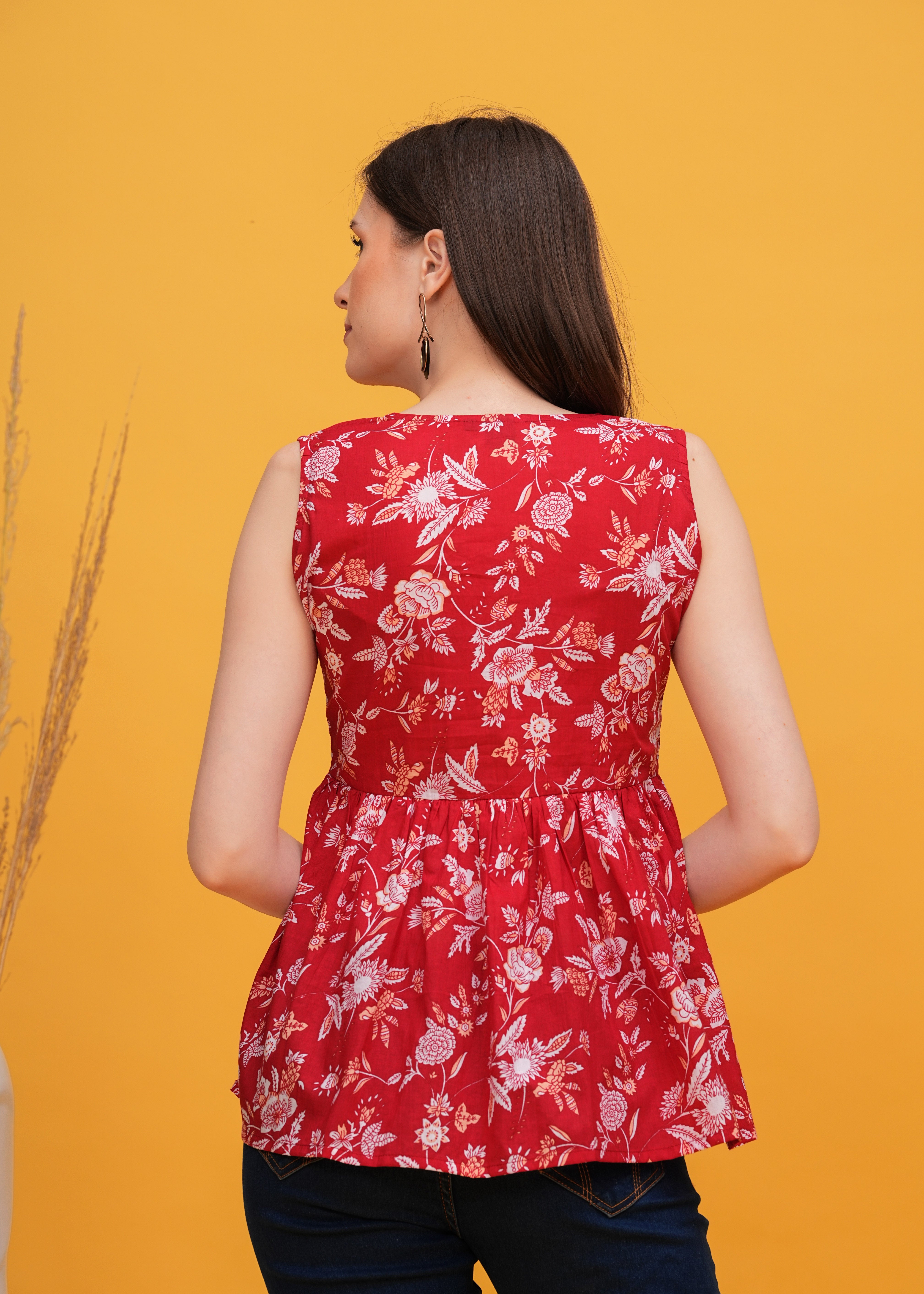 Scarlet Bloom Vibrant Red Flower Print Sleeveless Cotton Top-  Touch Of Fashion And Elegance