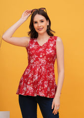 Scarlet Bloom Vibrant Red Flower Print Sleeveless Cotton Top-  Touch Of Fashion And Elegance
