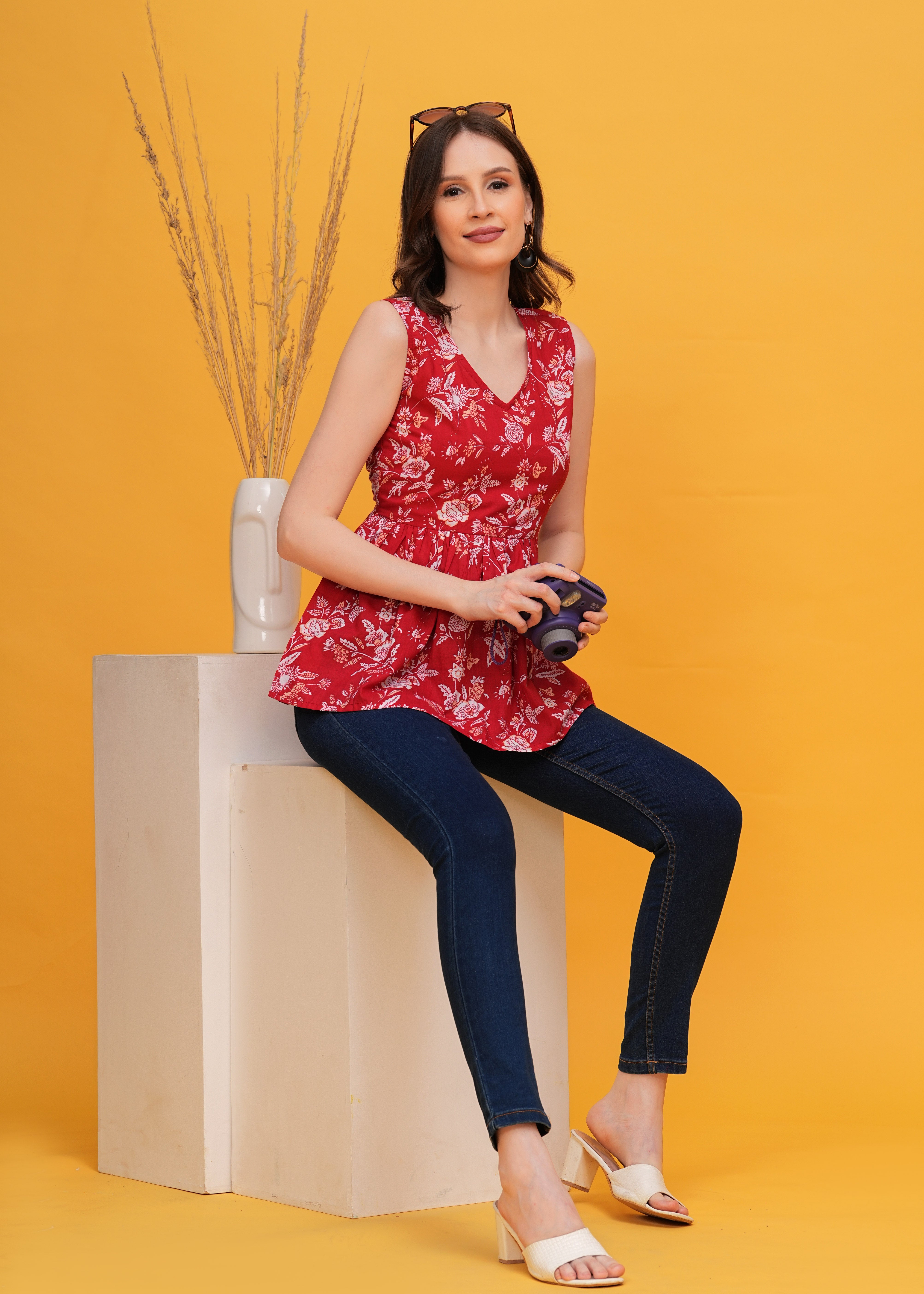 Scarlet Bloom Vibrant Red Flower Print Sleeveless Cotton Top-  Touch Of Fashion And Elegance