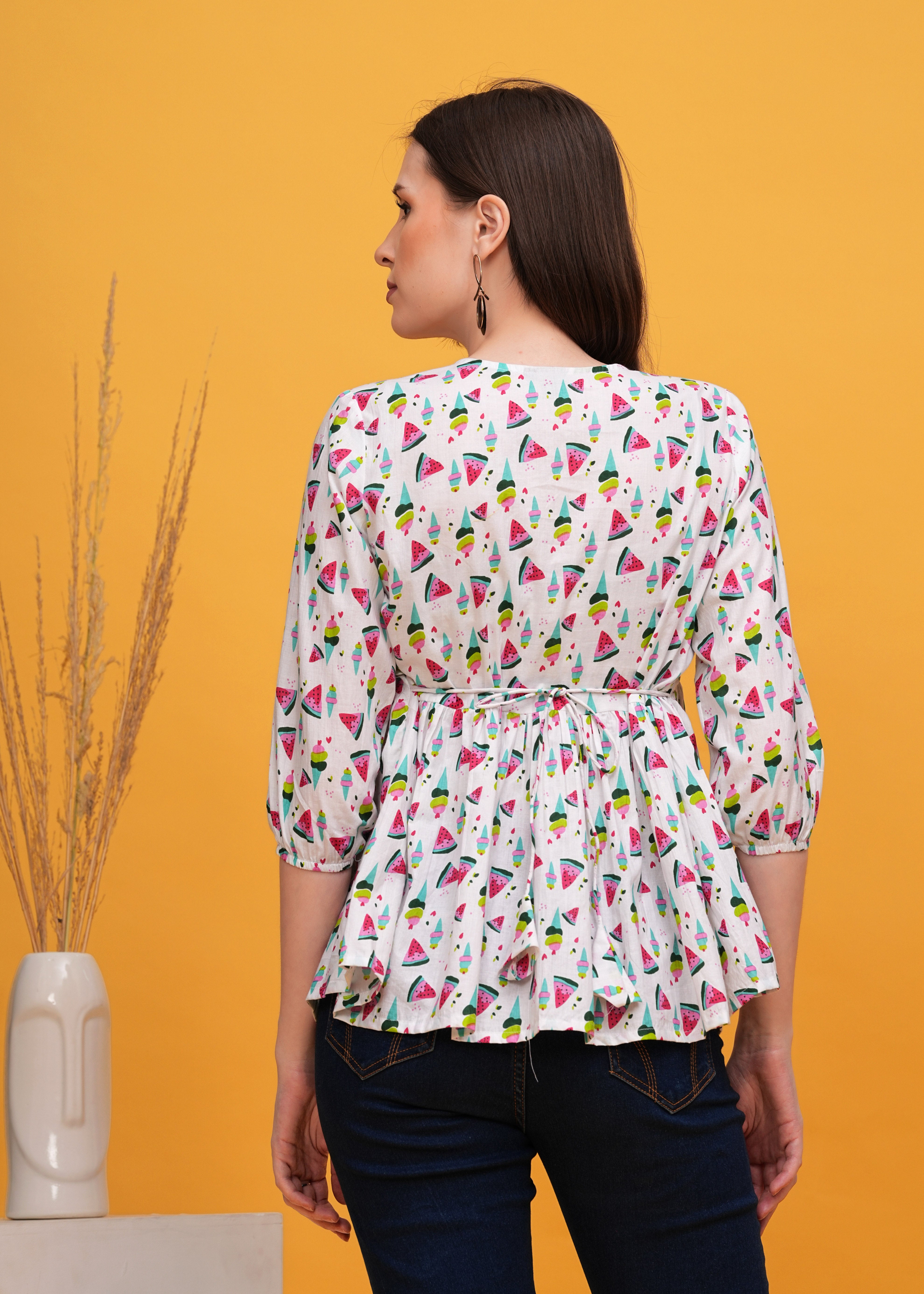 Playful White Base Watermelon Print Pure Cotton Alia Cut Top- Fresh and Fun For Every Occasion
