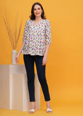 Playful White Base Watermelon Print Pure Cotton Alia Cut Top- Fresh and Fun For Every Occasion