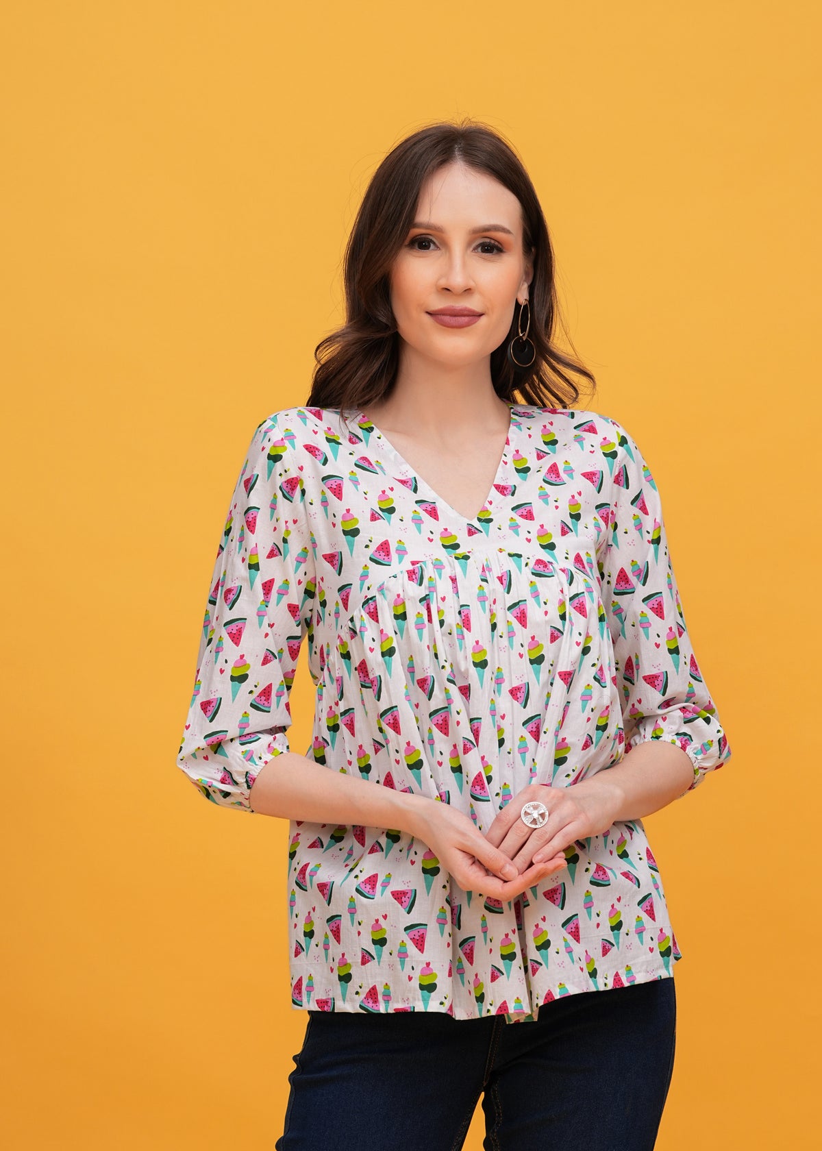 Playful White Base Watermelon Print Pure Cotton Alia Cut Top- Fresh and Fun For Every Occasion