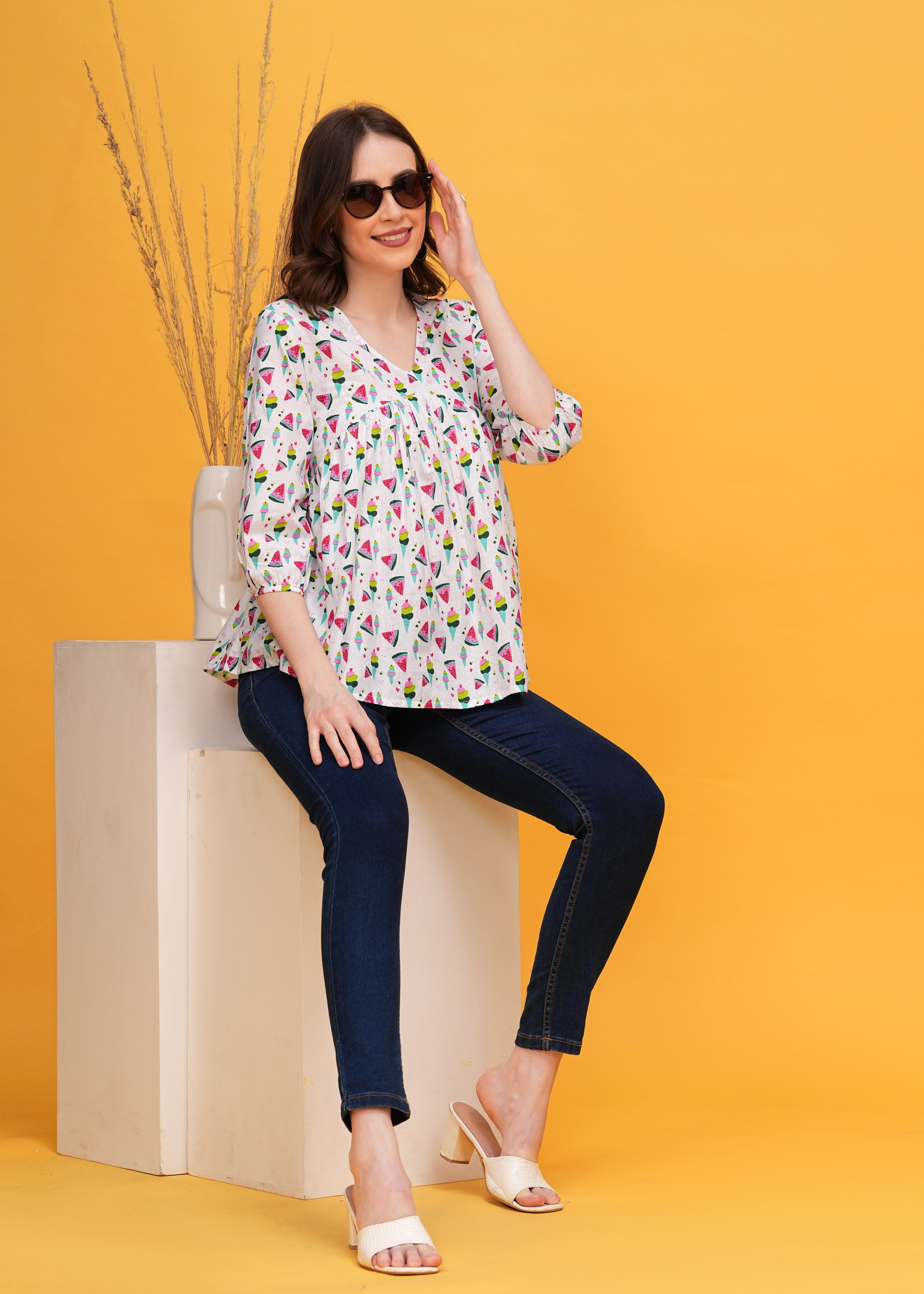 Playful White Base Watermelon Print Pure Cotton Alia Cut Top- Fresh and Fun For Every Occasion