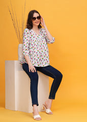 Playful White Base Watermelon Print Pure Cotton Alia Cut Top- Fresh and Fun For Every Occasion
