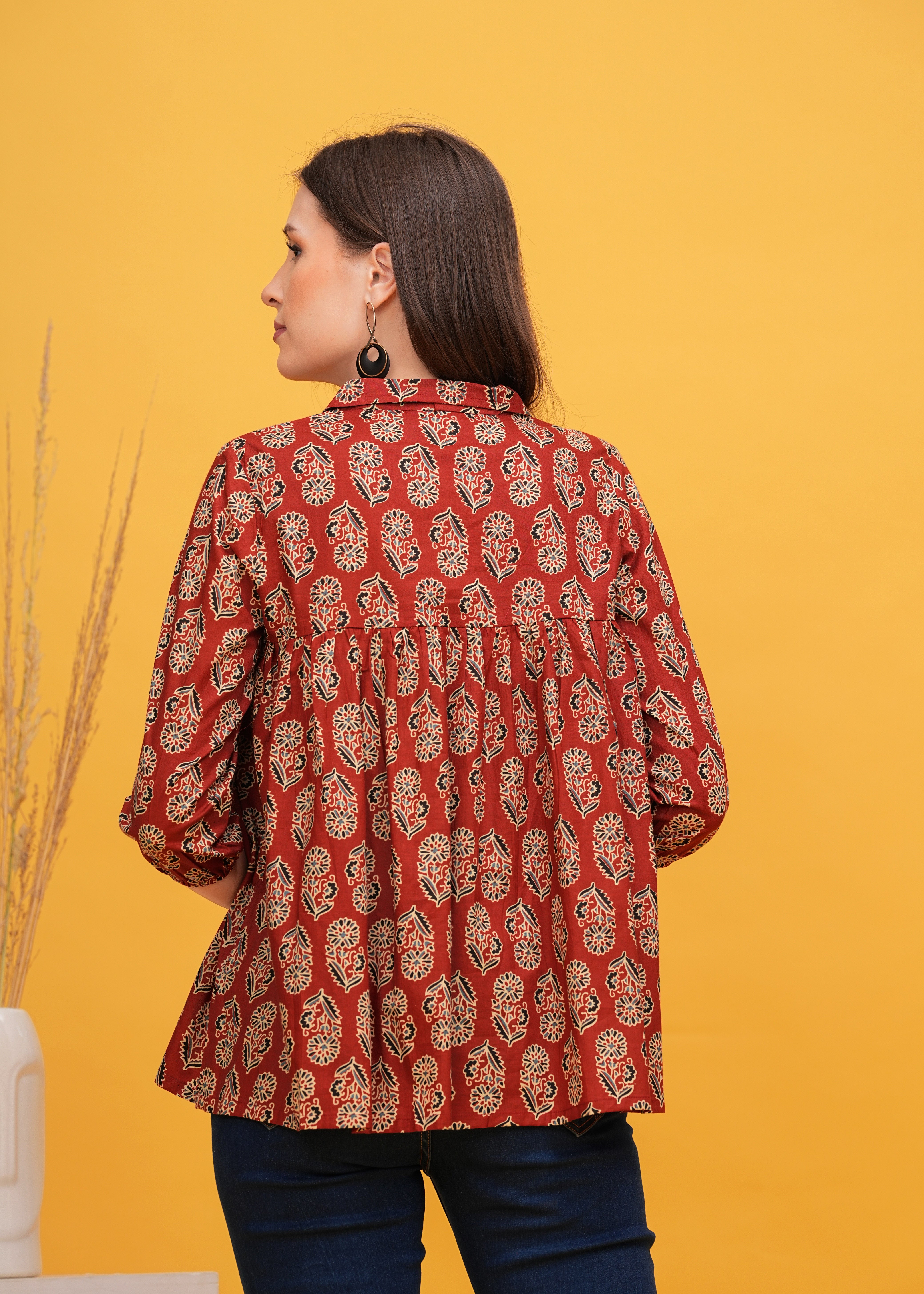 Traditional Maroon Ajrak Print Shirt Collar Pure Cotton Top - A Fusion Of Heritage and Contemporary Style