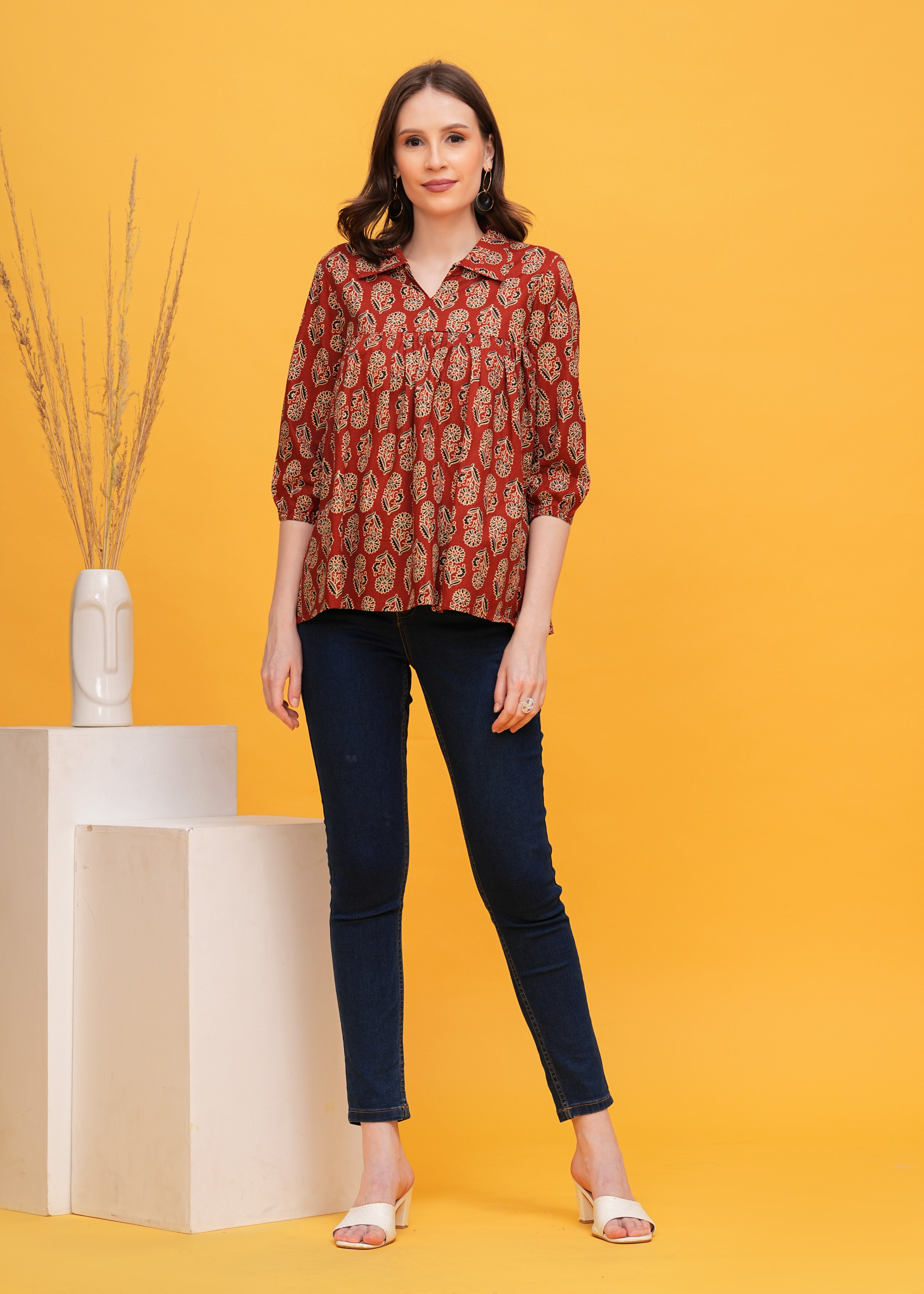 Traditional Maroon Ajrak Print Shirt Collar Pure Cotton Top - A Fusion Of Heritage and Contemporary Style