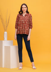 Traditional Maroon Ajrak Print Shirt Collar Pure Cotton Top - A Fusion Of Heritage and Contemporary Style