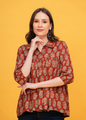 Traditional Maroon Ajrak Print Shirt Collar Pure Cotton Top - A Fusion Of Heritage and Contemporary Style
