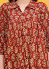 Traditional Maroon Ajrak Print Shirt Collar Pure Cotton Top - A Fusion Of Heritage and Contemporary Style