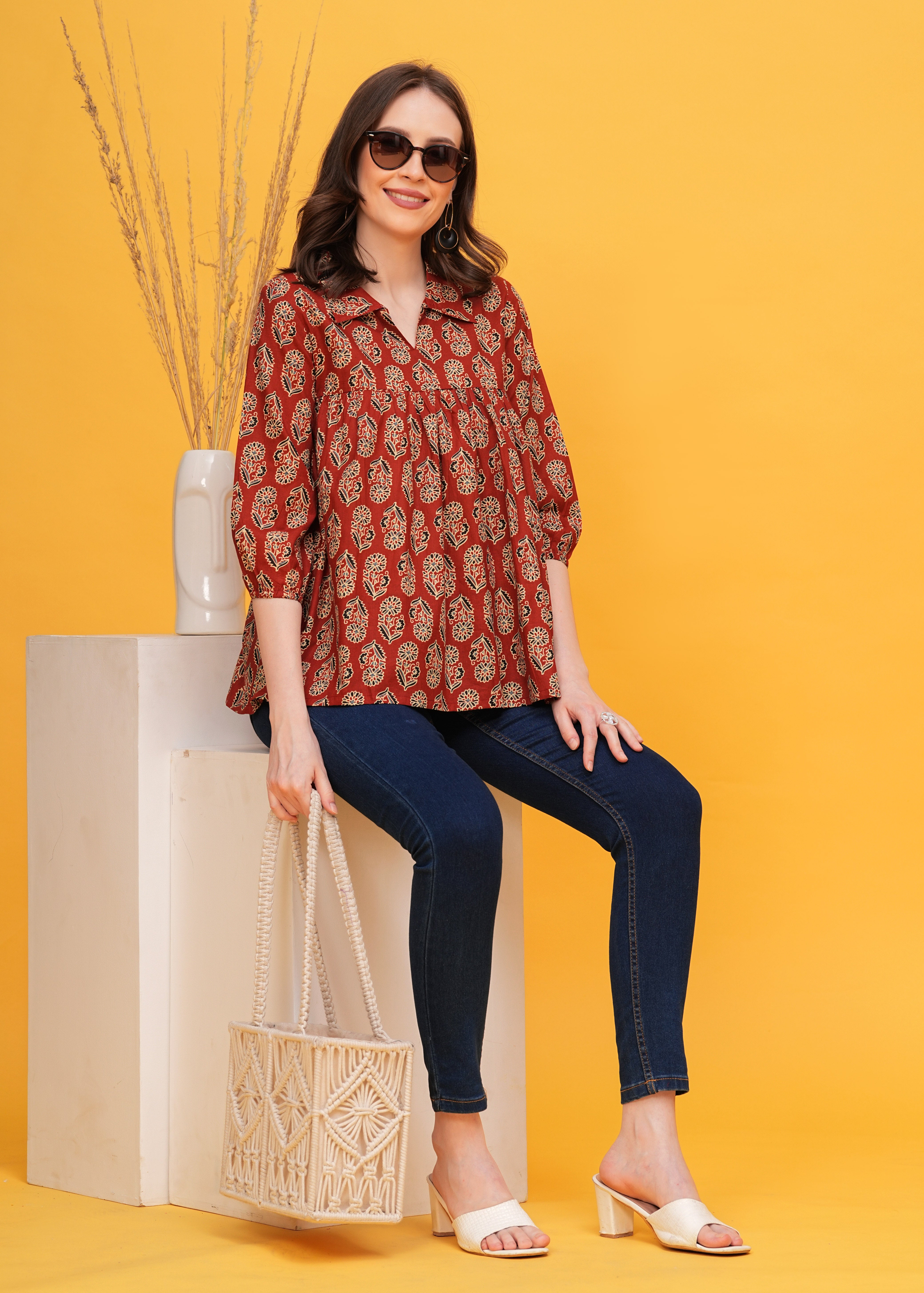 Traditional Maroon Ajrak Print Shirt Collar Pure Cotton Top - A Fusion Of Heritage and Contemporary Style
