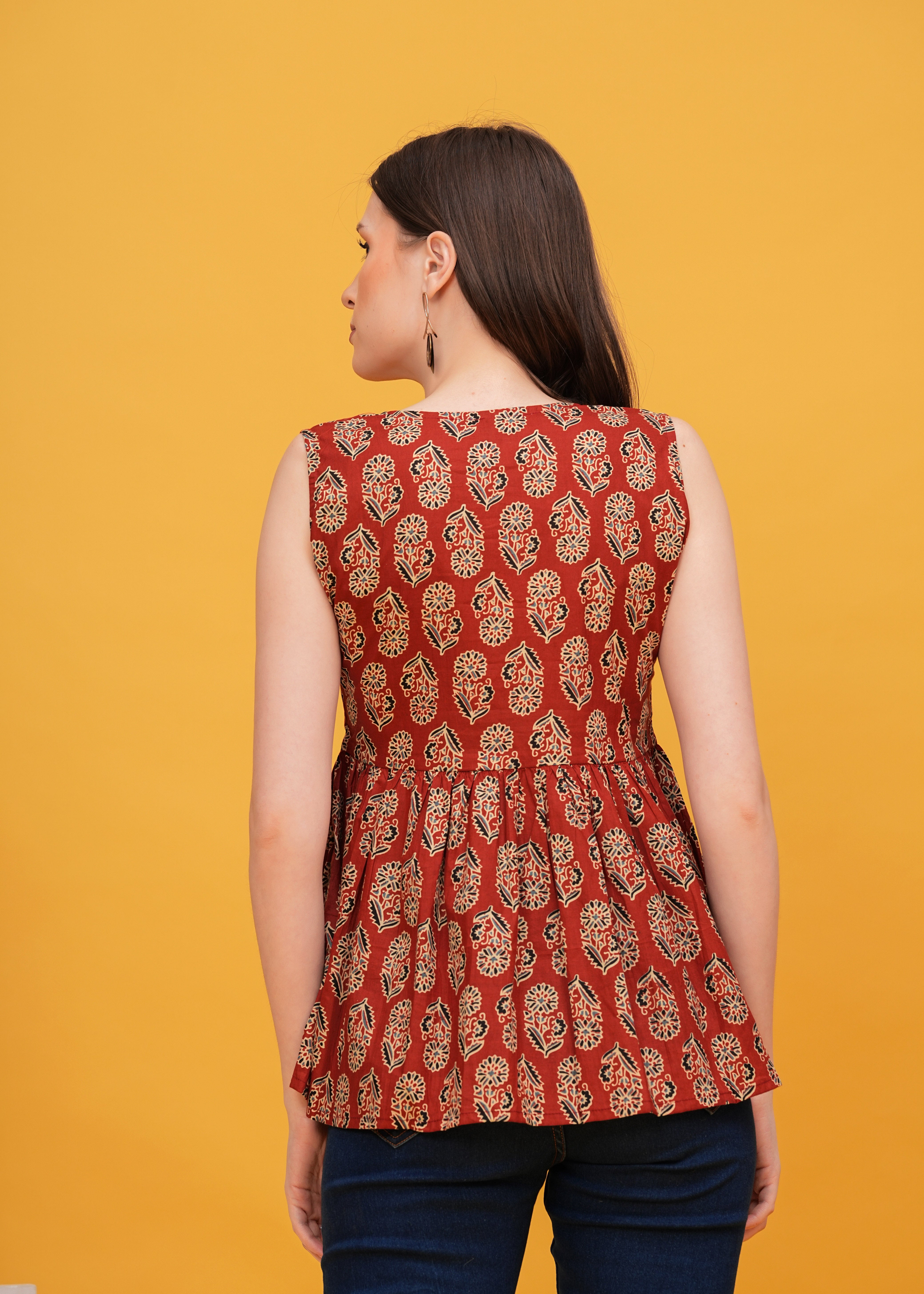 Stylish Maroon Ajrak Print Sleeveless Pure Cotton Top- Embrace Timeless Elegance with A Modern twist