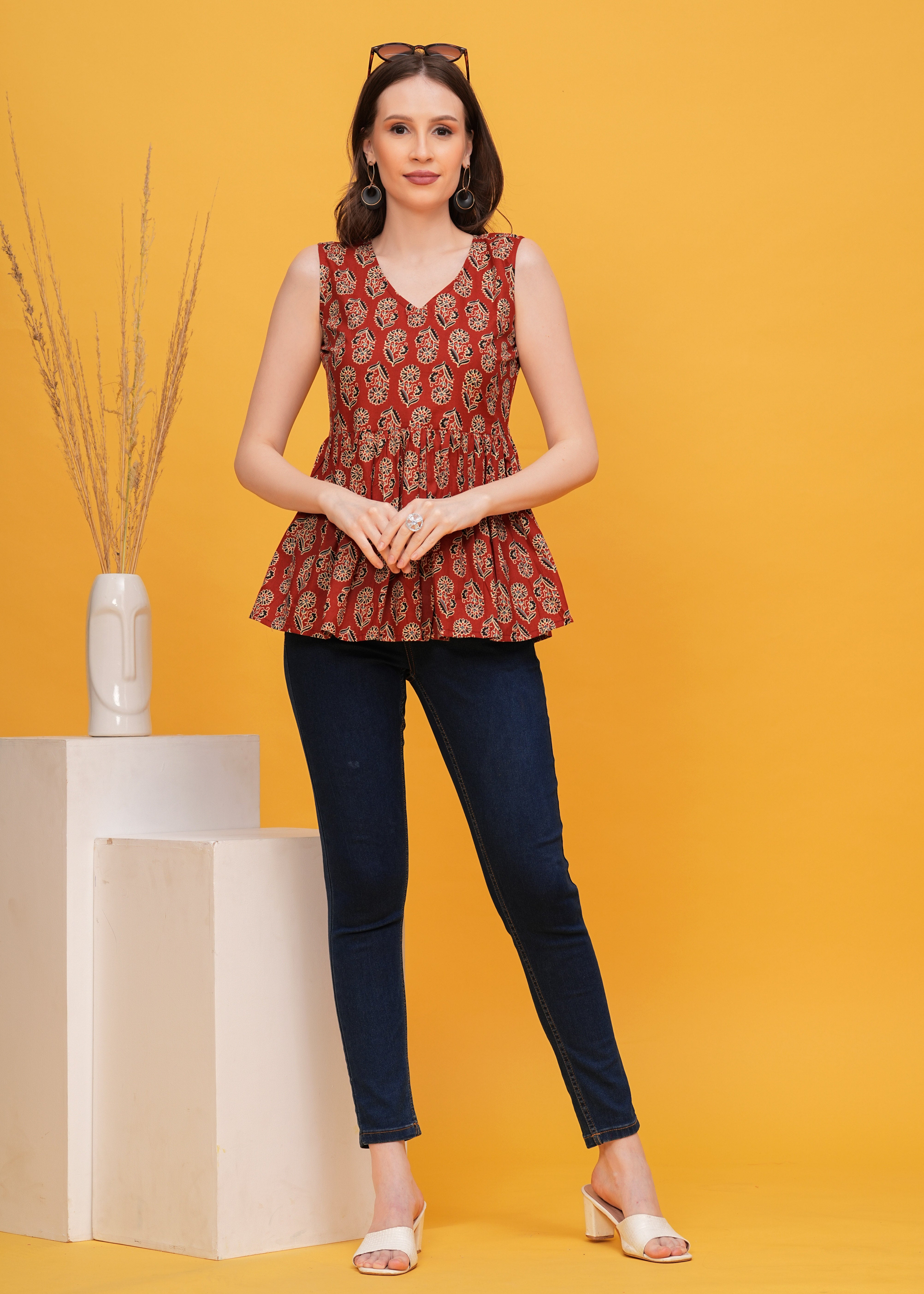 Stylish Maroon Ajrak Print Sleeveless Pure Cotton Top- Embrace Timeless Elegance with A Modern twist
