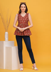 Stylish Maroon Ajrak Print Sleeveless Pure Cotton Top- Embrace Timeless Elegance with A Modern twist