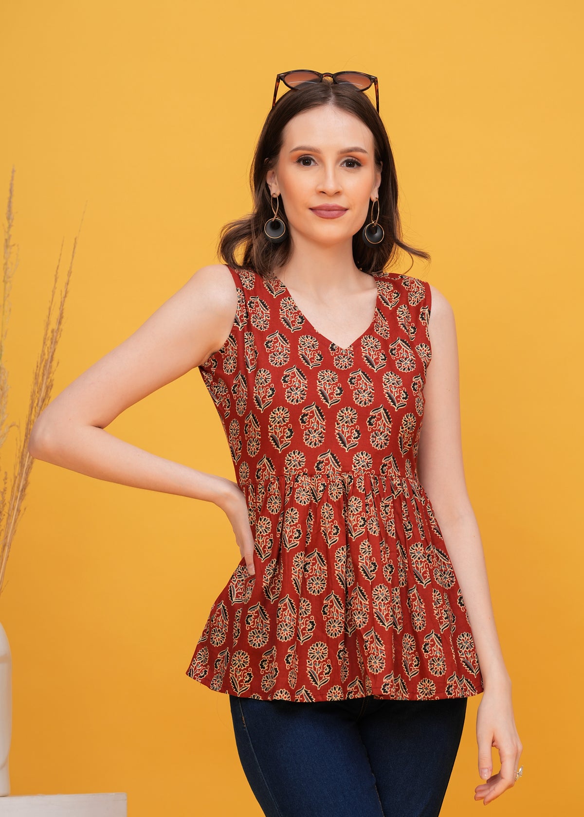 Stylish Maroon Ajrak Print Sleeveless Pure Cotton Top- Embrace Timeless Elegance with A Modern twist