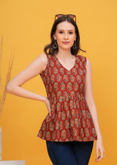 Stylish Maroon Ajrak Print Sleeveless Pure Cotton Top- Embrace Timeless Elegance with A Modern twist