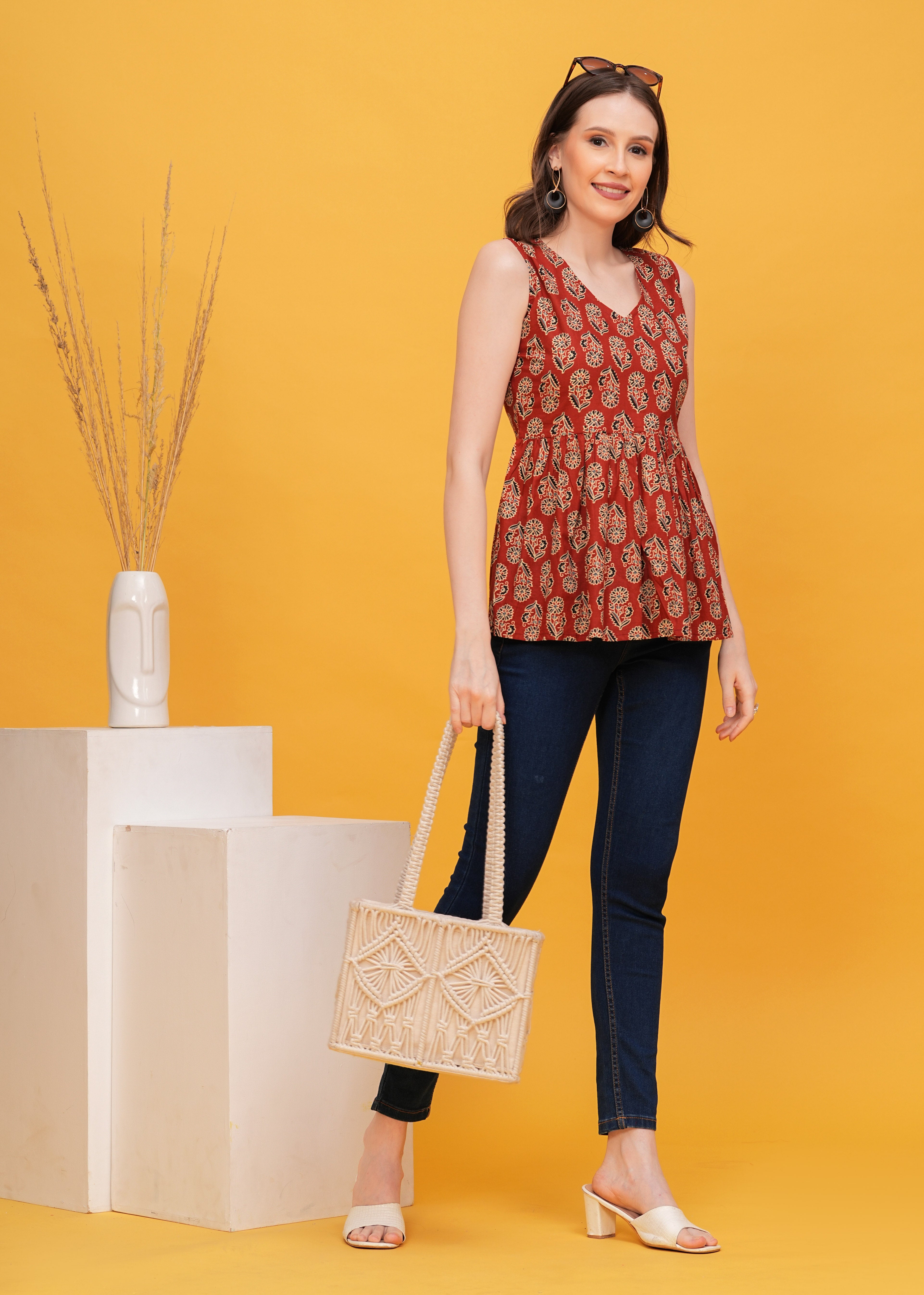 Stylish Maroon Ajrak Print Sleeveless Pure Cotton Top- Embrace Timeless Elegance with A Modern twist